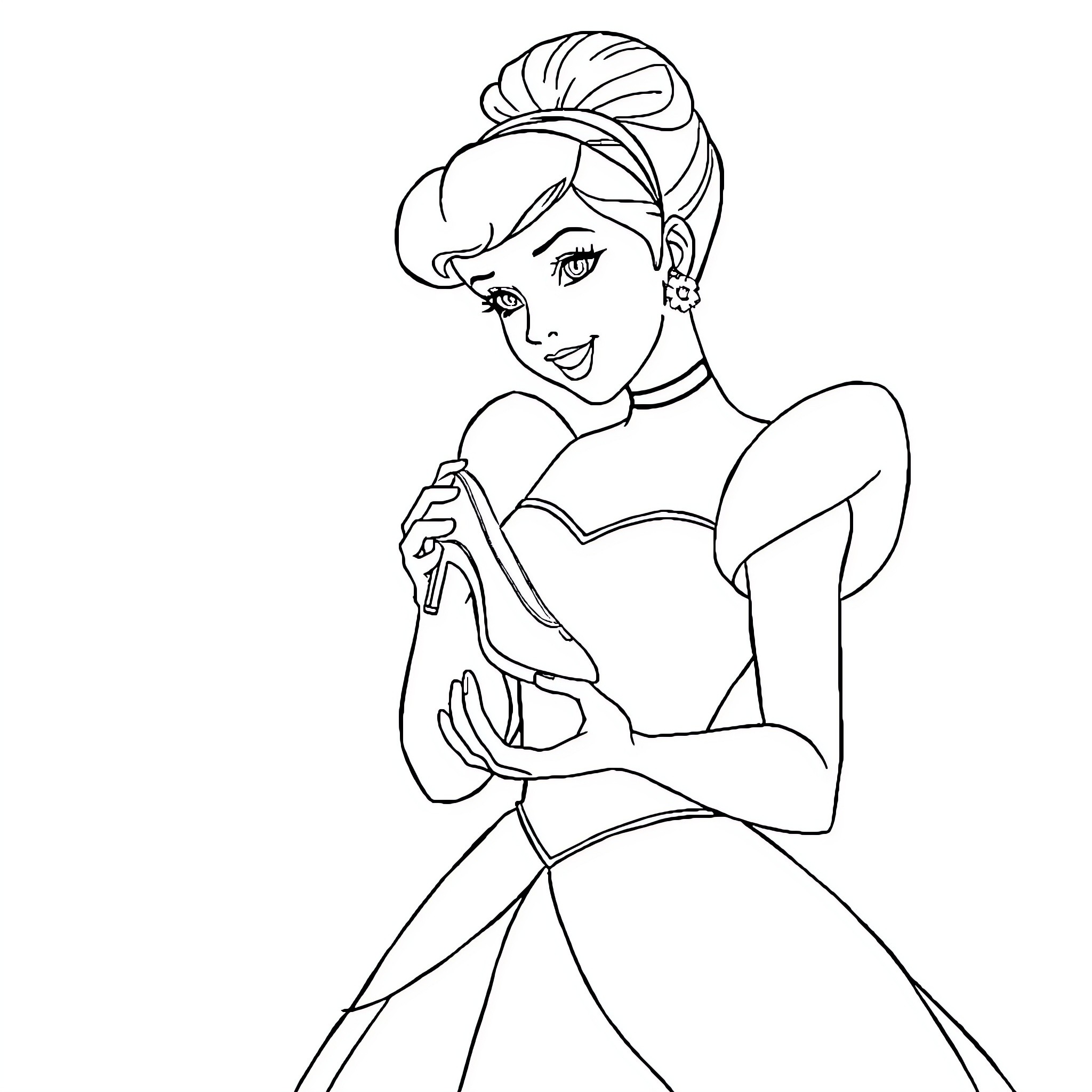 Cinderella in her iconic gown and hairstyle Coloring Page (free black-and-white line drawing printable PDF for all, from beginners to advanced learners, including children, teens, adults, and seniors)