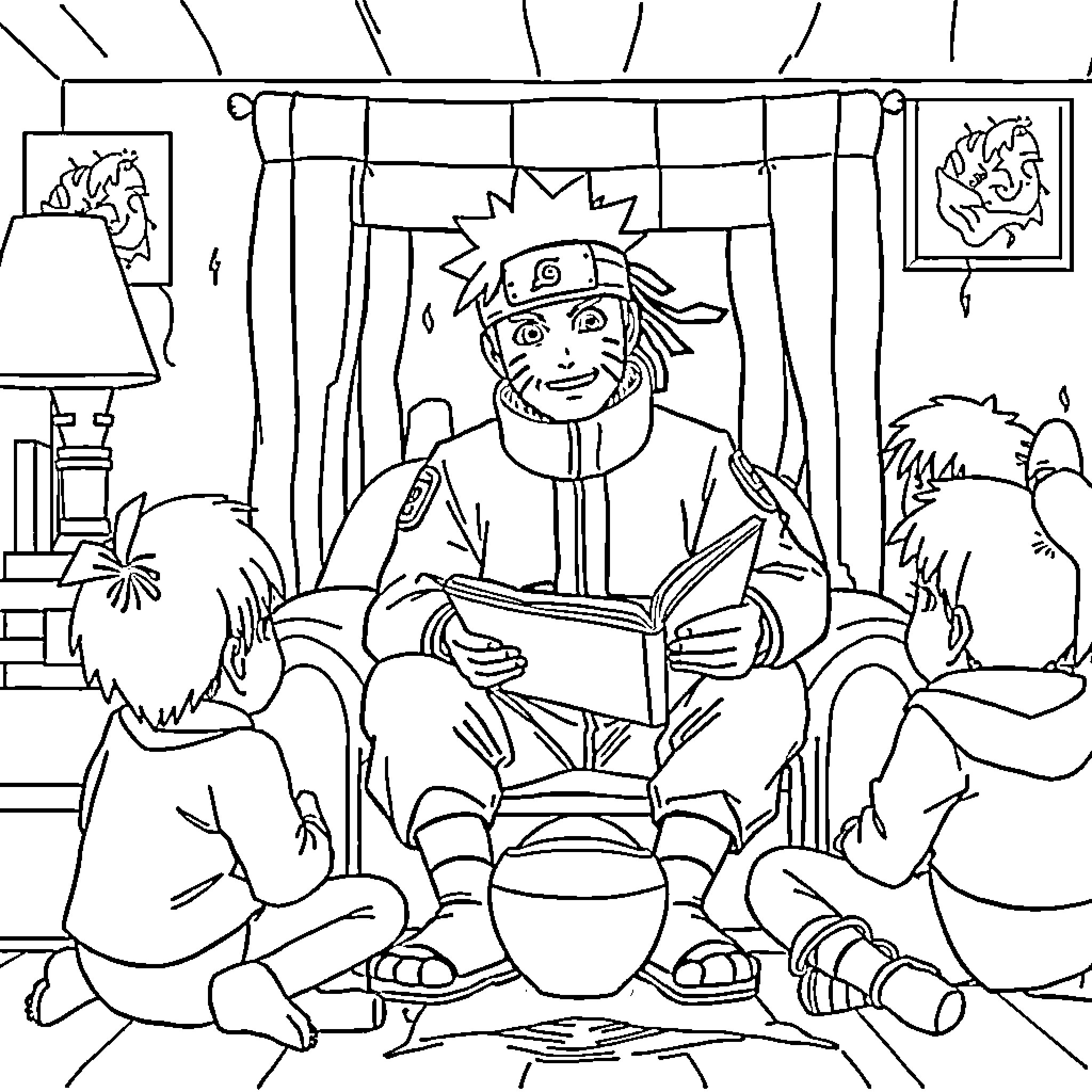 Naruto reading stories to children in the village Coloring Page (free black-and-white line drawing printable PDF for all, from beginners to advanced learners, including children, teens, adults, and seniors)