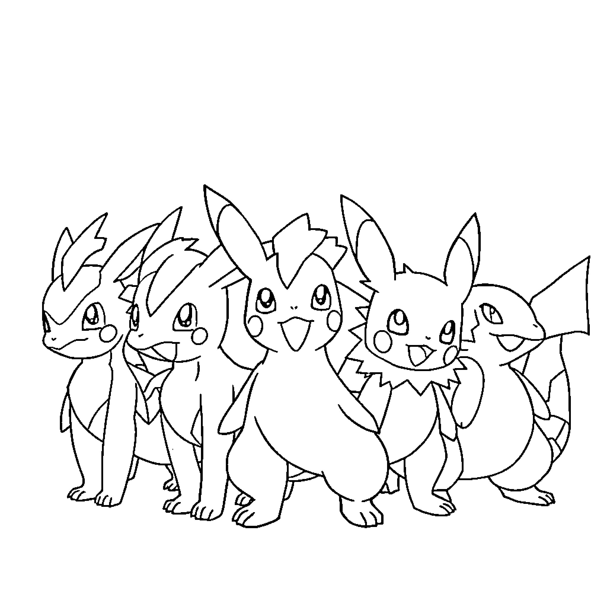 Pokémon characters in a group pose Coloring Page (free black-and-white line drawing printable PDF for all, from beginners to advanced learners, including children, teens, adults, and seniors)