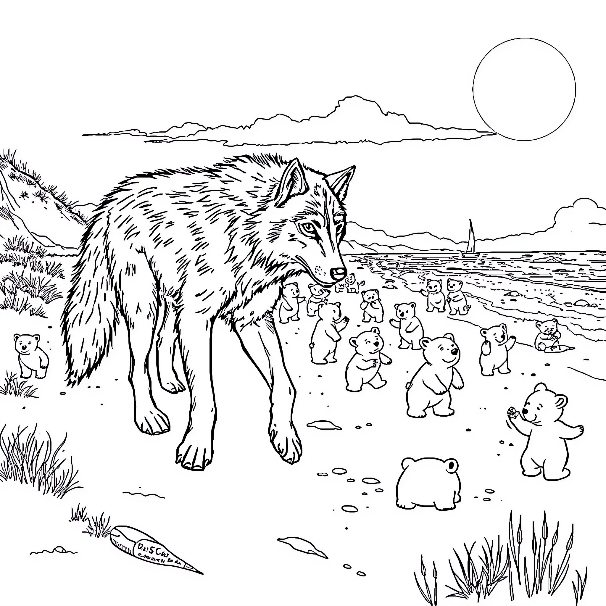 Werewolf stalking a horde of teddy bears on the beach Coloring Page (free black-and-white line drawing printable PDF for all, from beginners to advanced learners, including children, teens, adults, and seniors)