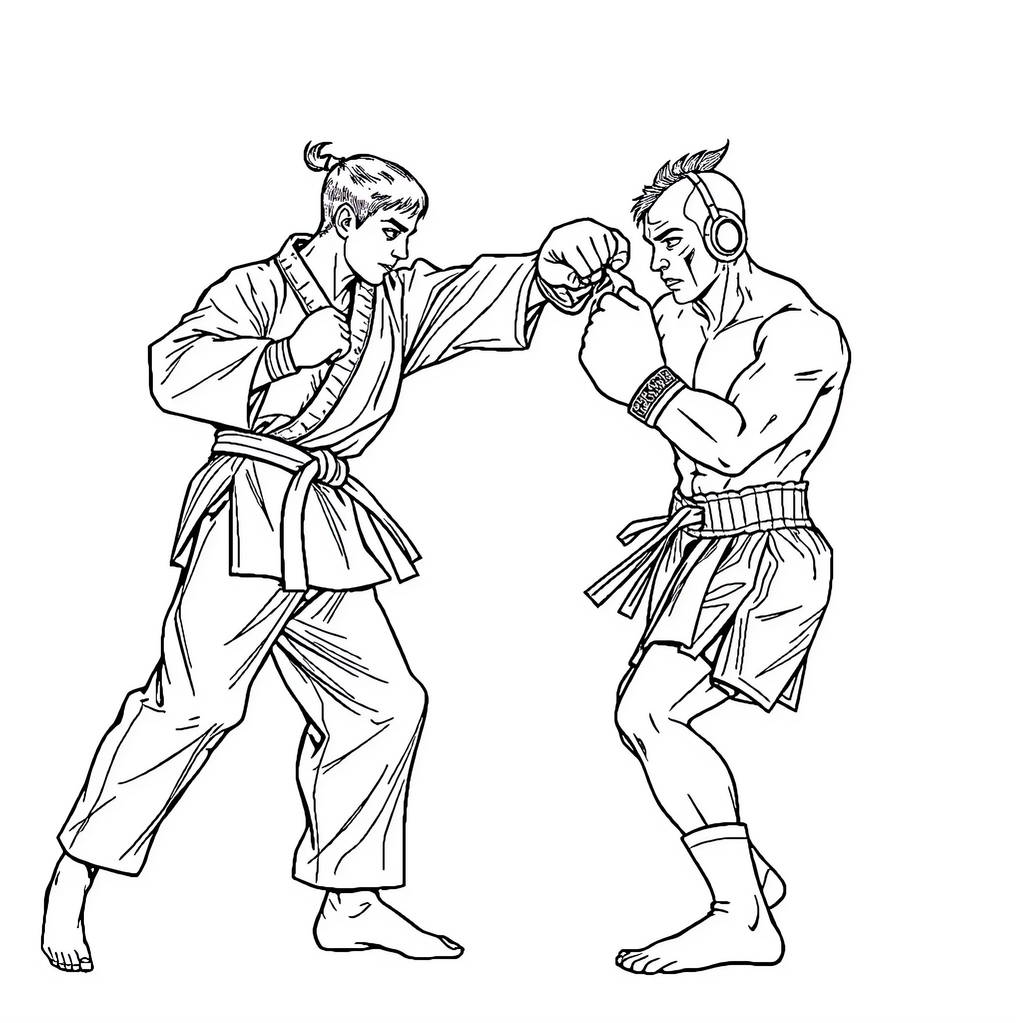 Fighter characters in martial arts stance Coloring Page (free black-and-white line drawing printable PDF for all, from beginners to advanced learners, including children, teens, adults, and seniors)