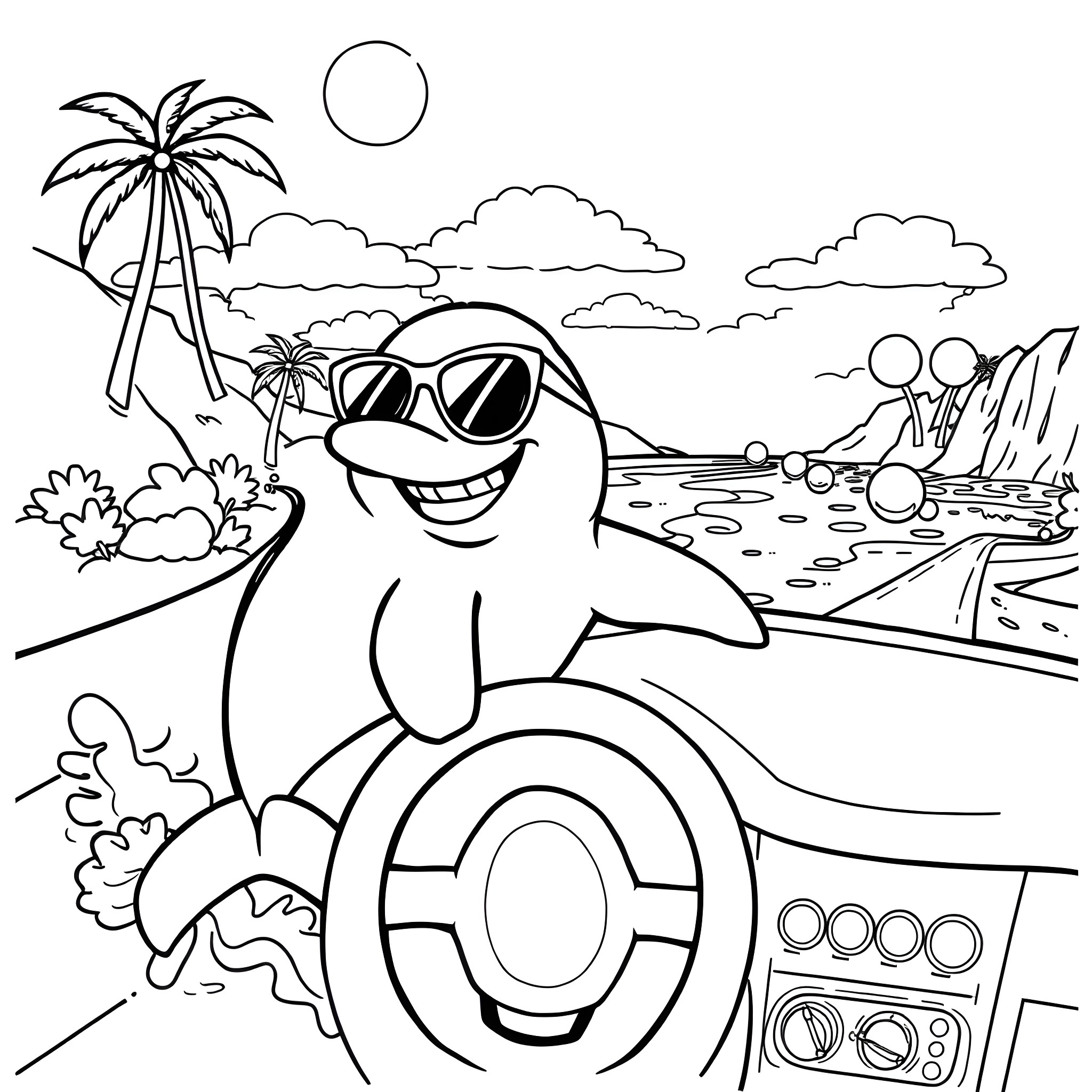 Dolphin enjoying the tropical beach scene Coloring Page (free black-and-white line drawing printable PDF for all, from beginners to advanced learners, including children, teens, adults, and seniors)