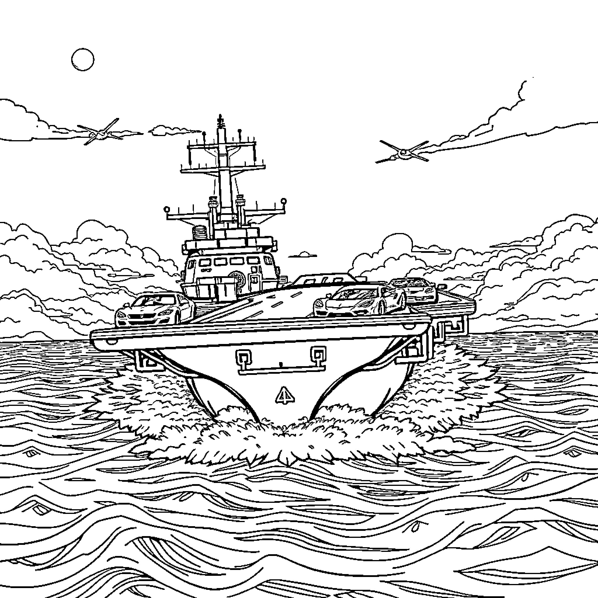 Aircraft Carrier Sailing Through Stormy Waves Coloring Page (free black-and-white line drawing printable PDF for all, from beginners to advanced learners, including children, teens, adults, and seniors)