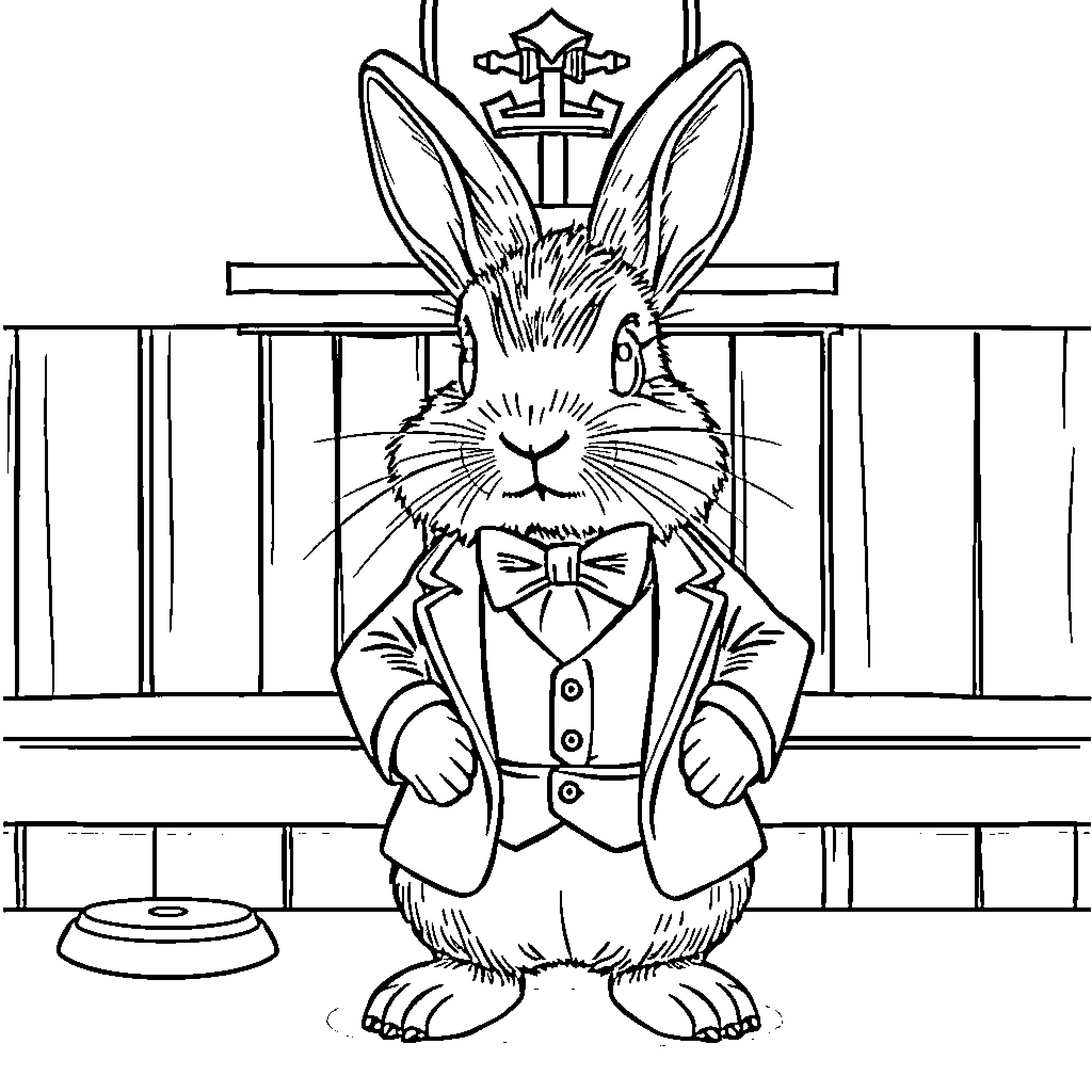 Holland Lop dressed as a royal court jester Coloring Page (free black-and-white line drawing printable PDF for all, from beginners to advanced learners, including children, teens, adults, and seniors)