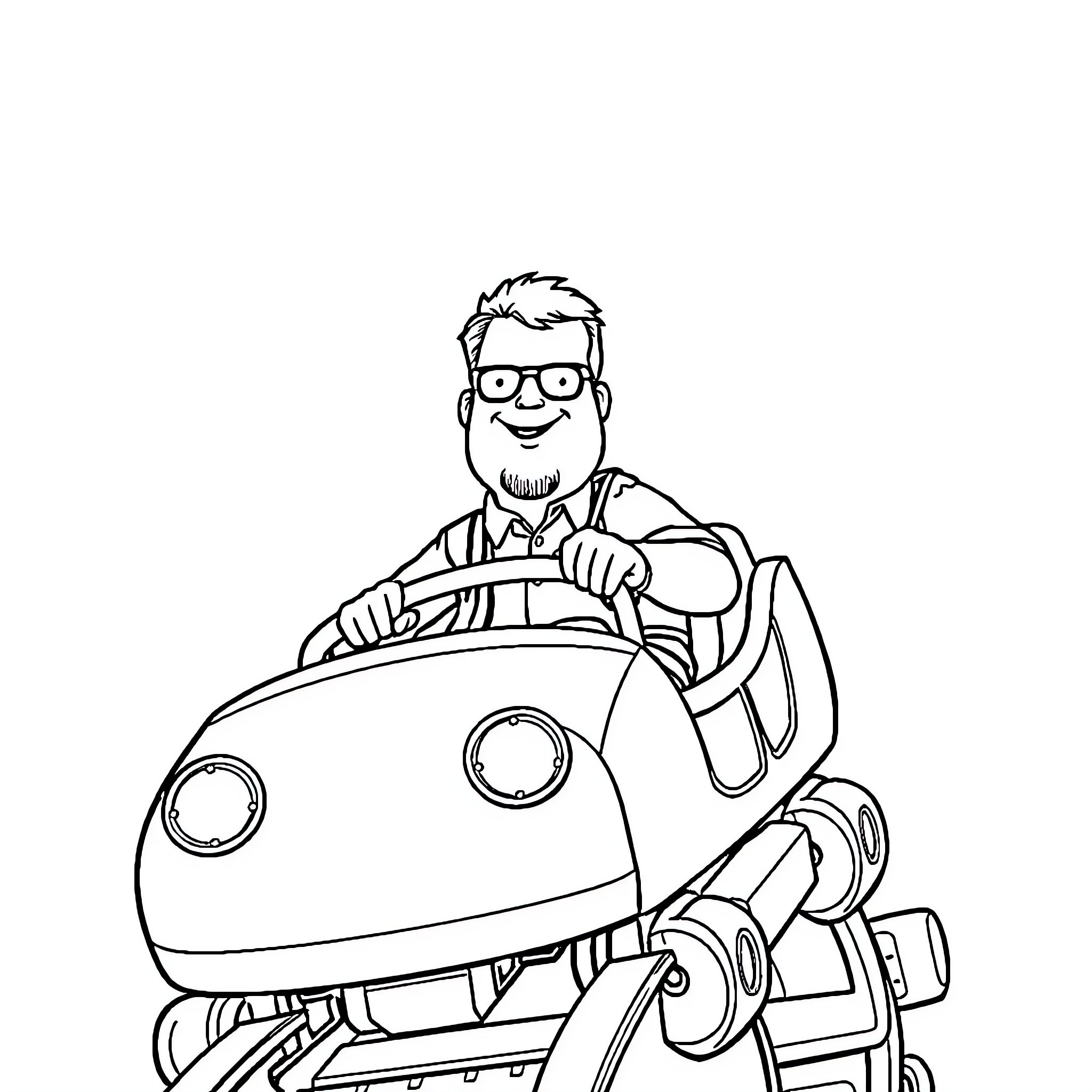 Hank Hill riding a futuristic vehicle Coloring Page (free black-and-white line drawing printable PDF for all, from beginners to advanced learners, including children, teens, adults, and seniors)