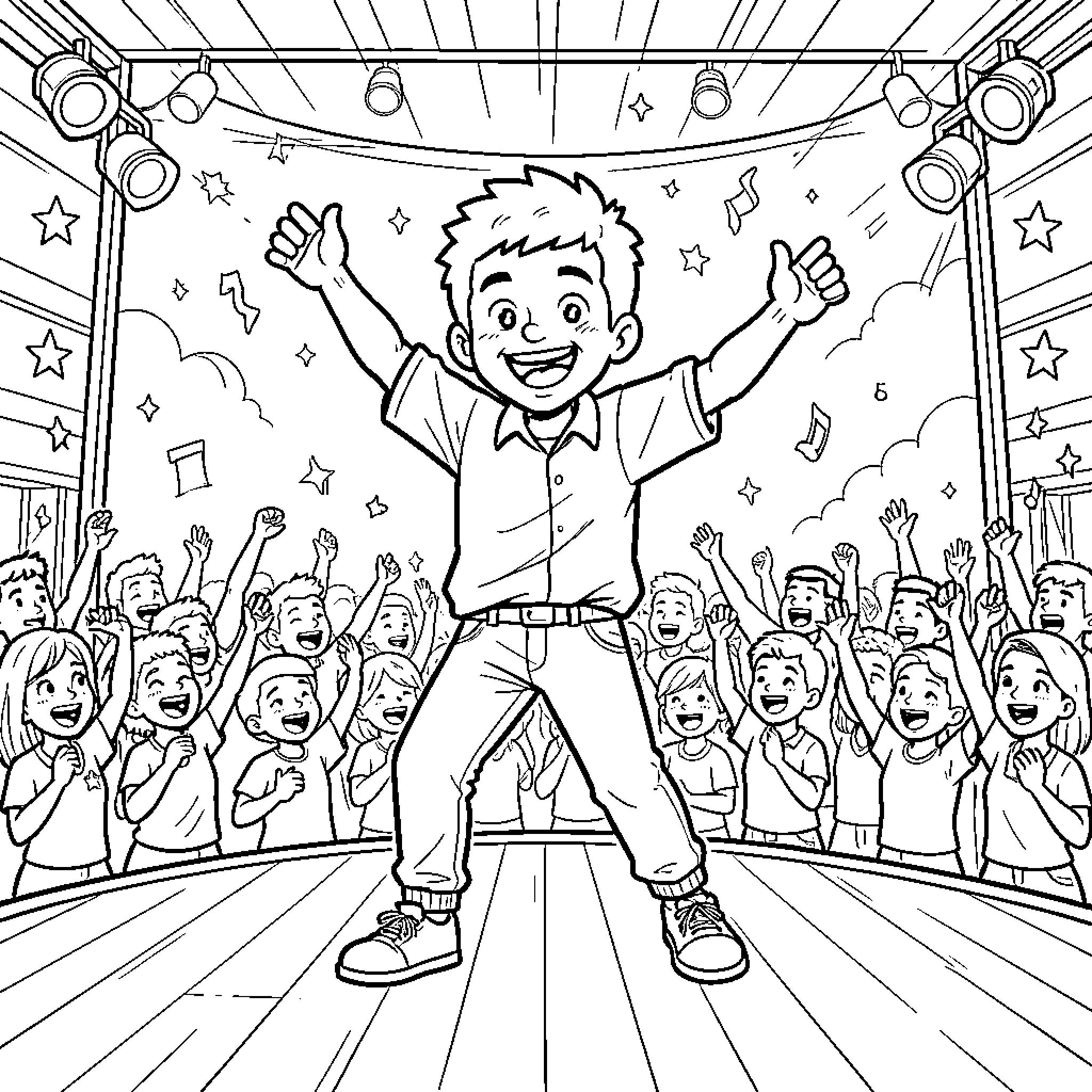 Soeederman cheering joyfully on a stage before an audience Coloring Page (free black-and-white line drawing printable PDF for all, from beginners to advanced learners, including children, teens, adults, and seniors)