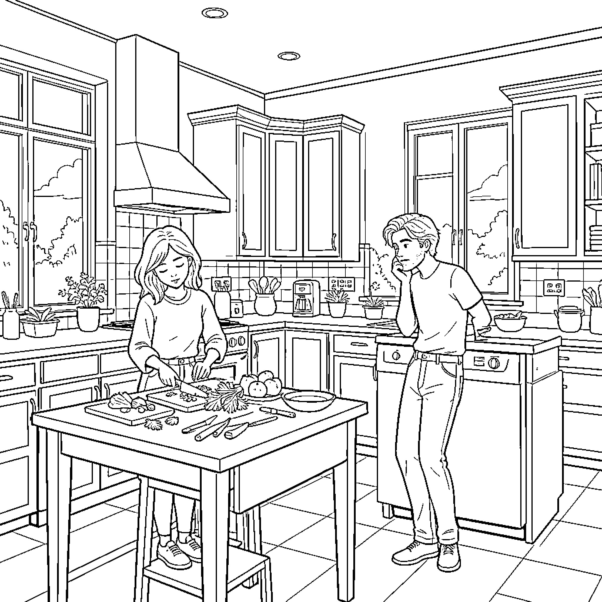 Persona of a couple cooking in the kitchen Coloring Page (free black-and-white line drawing printable PDF for all, from beginners to advanced learners, including children, teens, adults, and seniors)