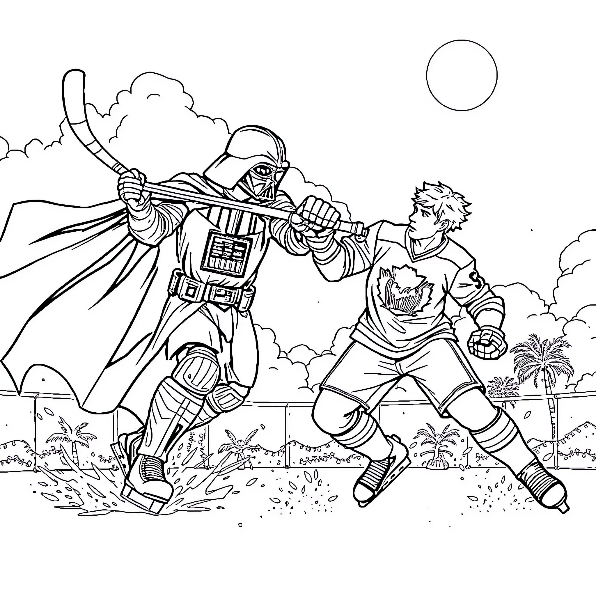 Darth Vader confronting the rebel fighter Coloring Page (free black-and-white line drawing printable PDF for all, from beginners to advanced learners, including children, teens, adults, and seniors)