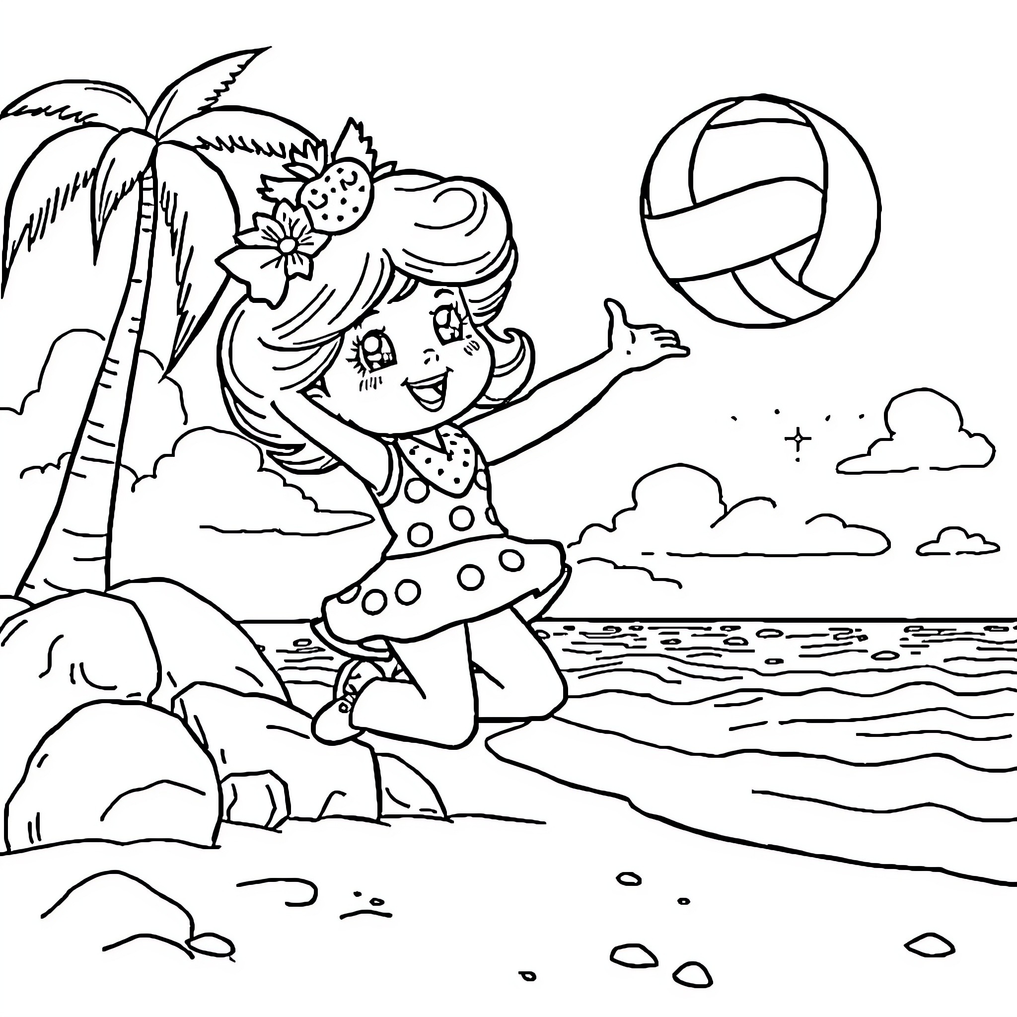 Strawberry Shortcake playing with a volleyball on the beach Coloring Page (free black-and-white line drawing printable PDF for all, from beginners to advanced learners, including children, teens, adults, and seniors)