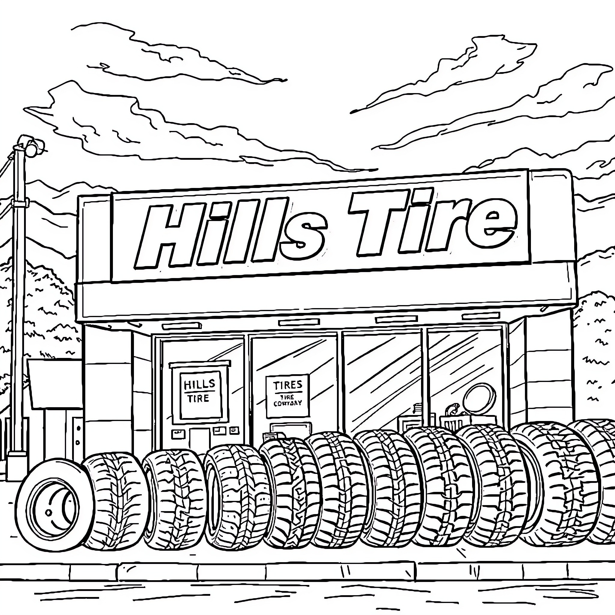 Tire Shop with Tires on Display Coloring Page (free black-and-white line drawing printable PDF for all, from beginners to advanced learners, including children, teens, adults, and seniors)
