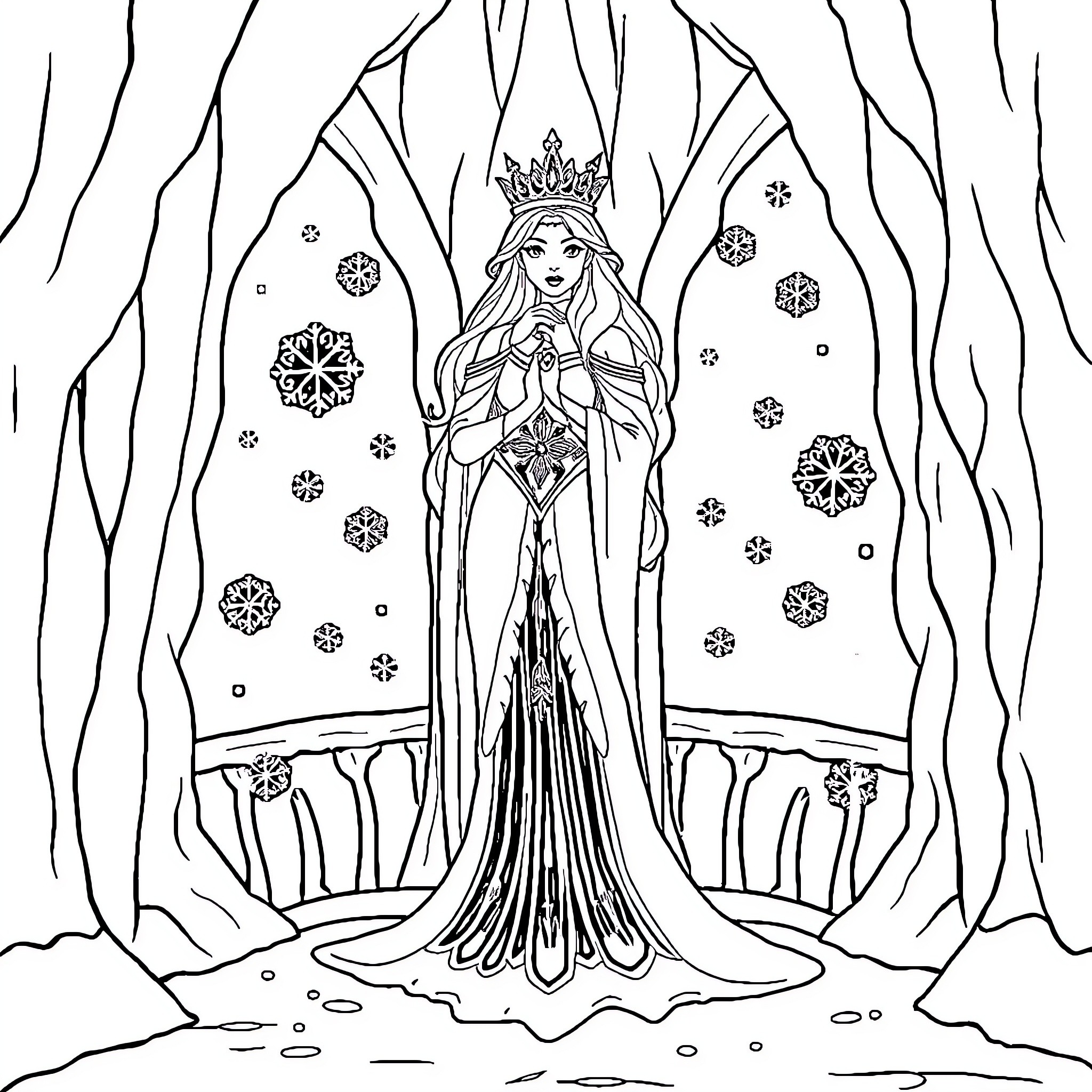 Snow Queen stands regally in snowy forest Coloring Page (free black-and-white line drawing printable PDF for all, from beginners to advanced learners, including children, teens, adults, and seniors)