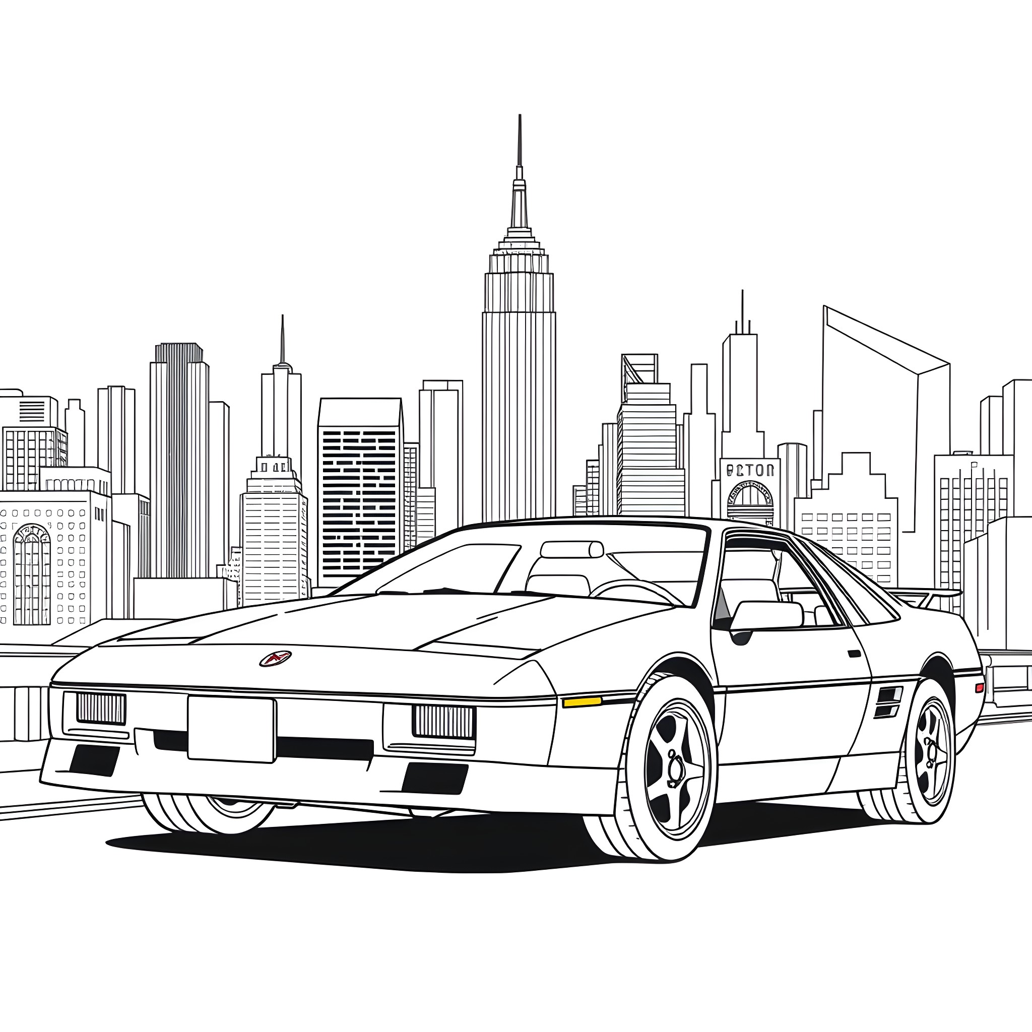 Pontiac Fiero sports car in city skyline Coloring Page (free black-and-white line drawing printable PDF for all, from beginners to advanced learners, including children, teens, adults, and seniors)