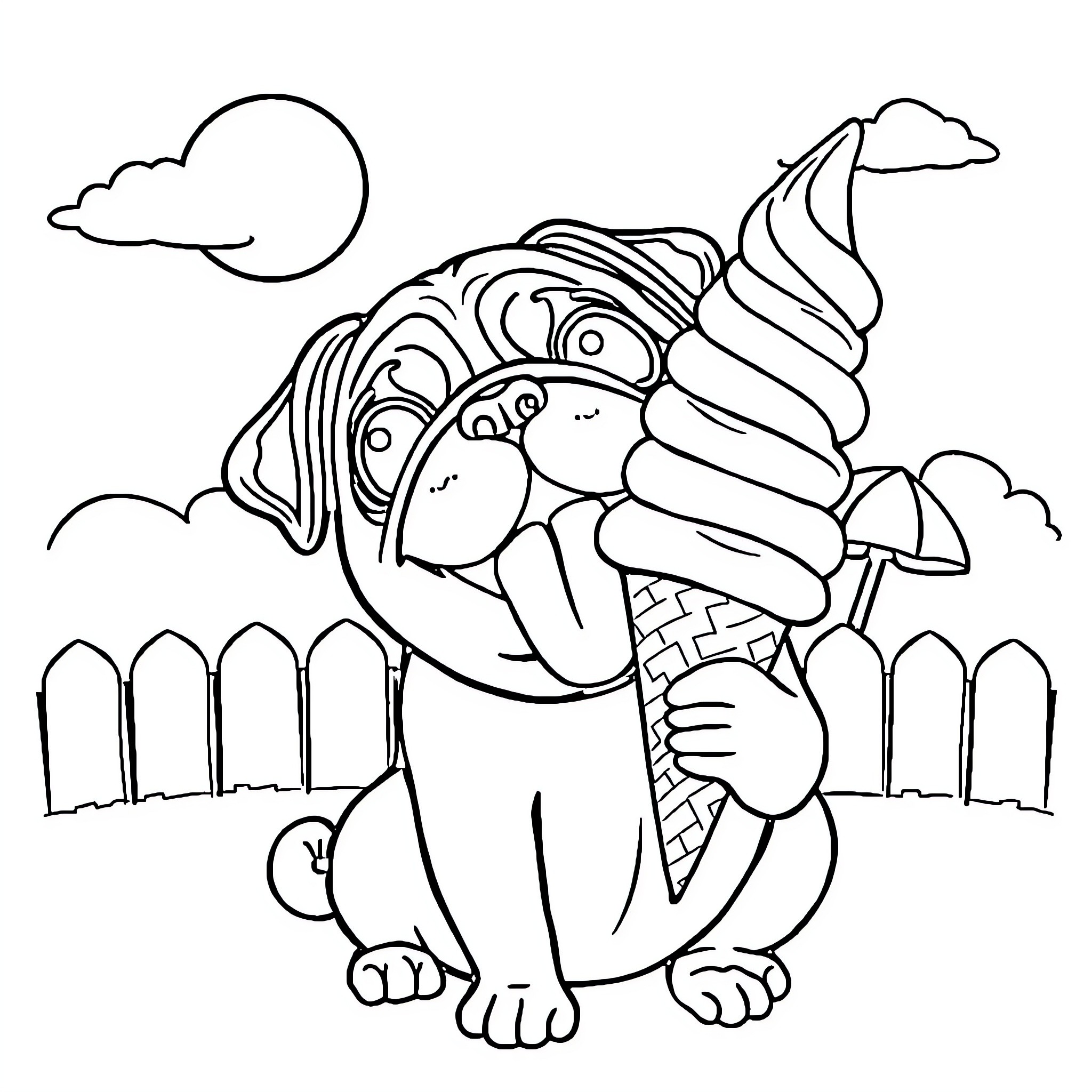 Pug Enjoying an Ice Cream Treat Coloring Page (free black-and-white line drawing printable PDF for all, from beginners to advanced learners, including children, teens, adults, and seniors)
