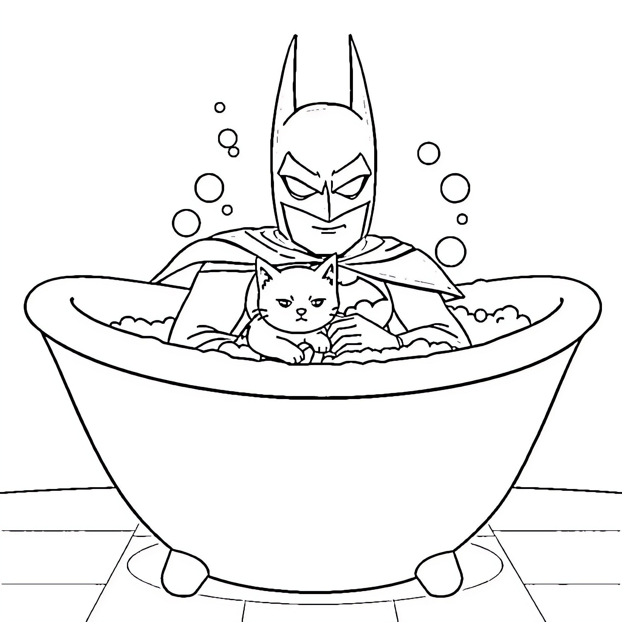 Batman relaxing with a cat in a bathtub Coloring Page (free black-and-white line drawing printable PDF for all, from beginners to advanced learners, including children, teens, adults, and seniors)