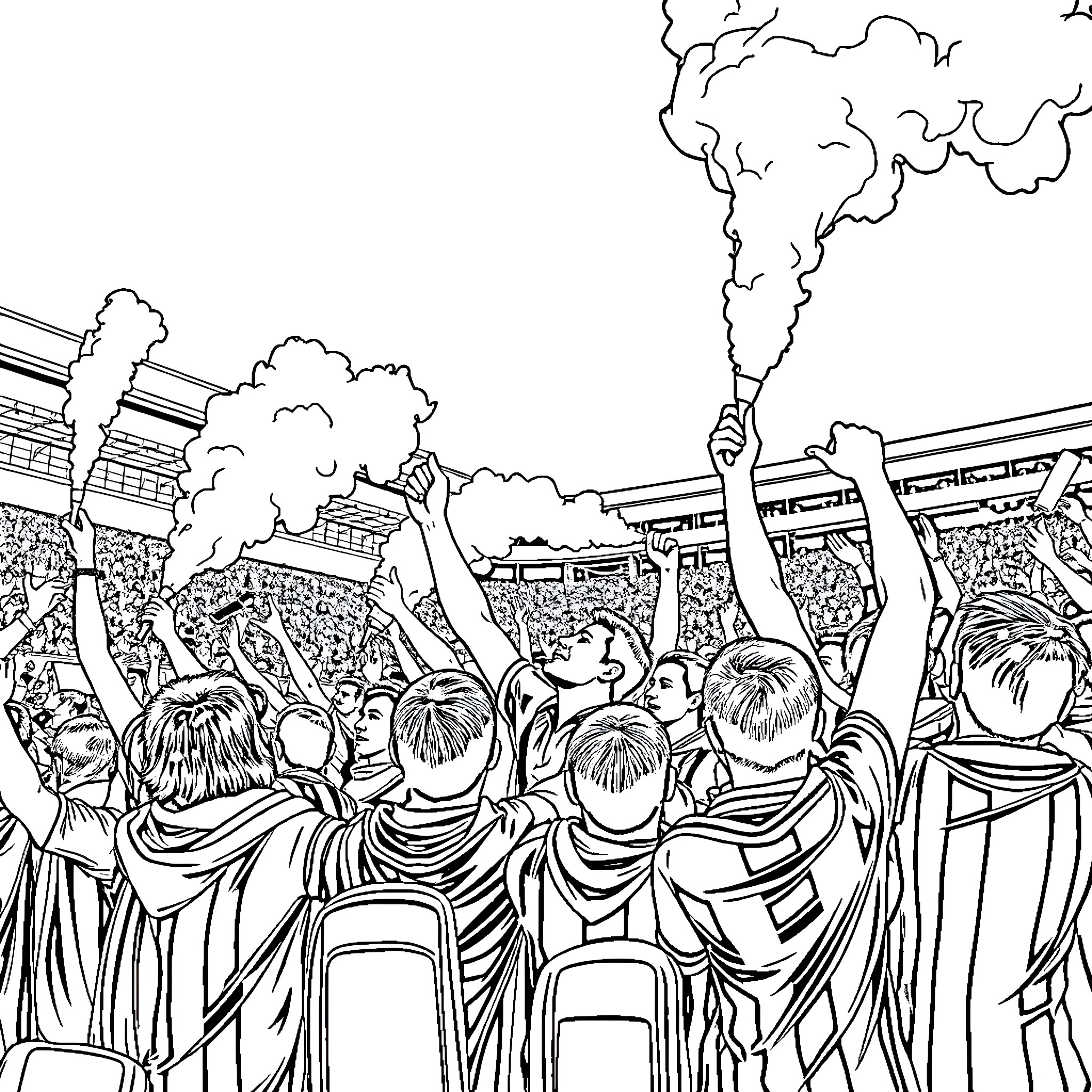 Feyenoord fans celebrating enthusiastically at the stadium Coloring Page (free black-and-white line drawing printable PDF for all, from beginners to advanced learners, including children, teens, adults, and seniors)