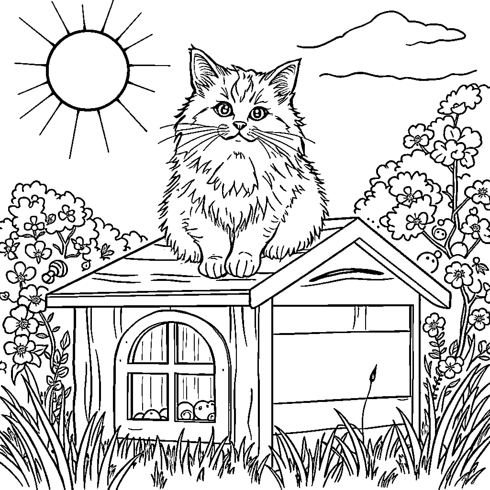Cat sitting on a wooden house in a floral garden Coloring Page (free black-and-white line drawing printable PDF for all, from beginners to advanced learners, including children, teens, adults, and seniors)