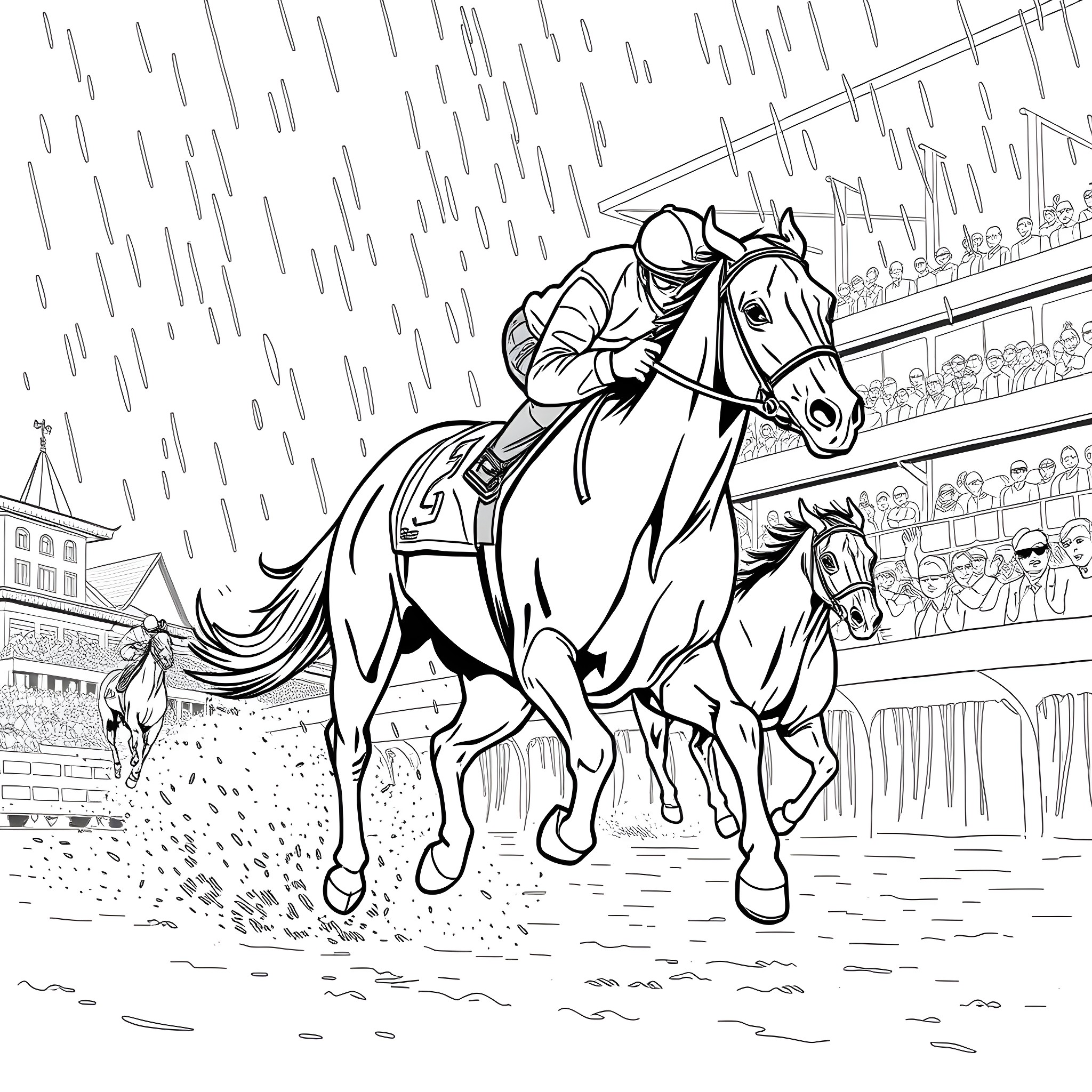 Racehorse galloping at full speed in the rain Coloring Page (free black-and-white line drawing printable PDF for all, from beginners to advanced learners, including children, teens, adults, and seniors)