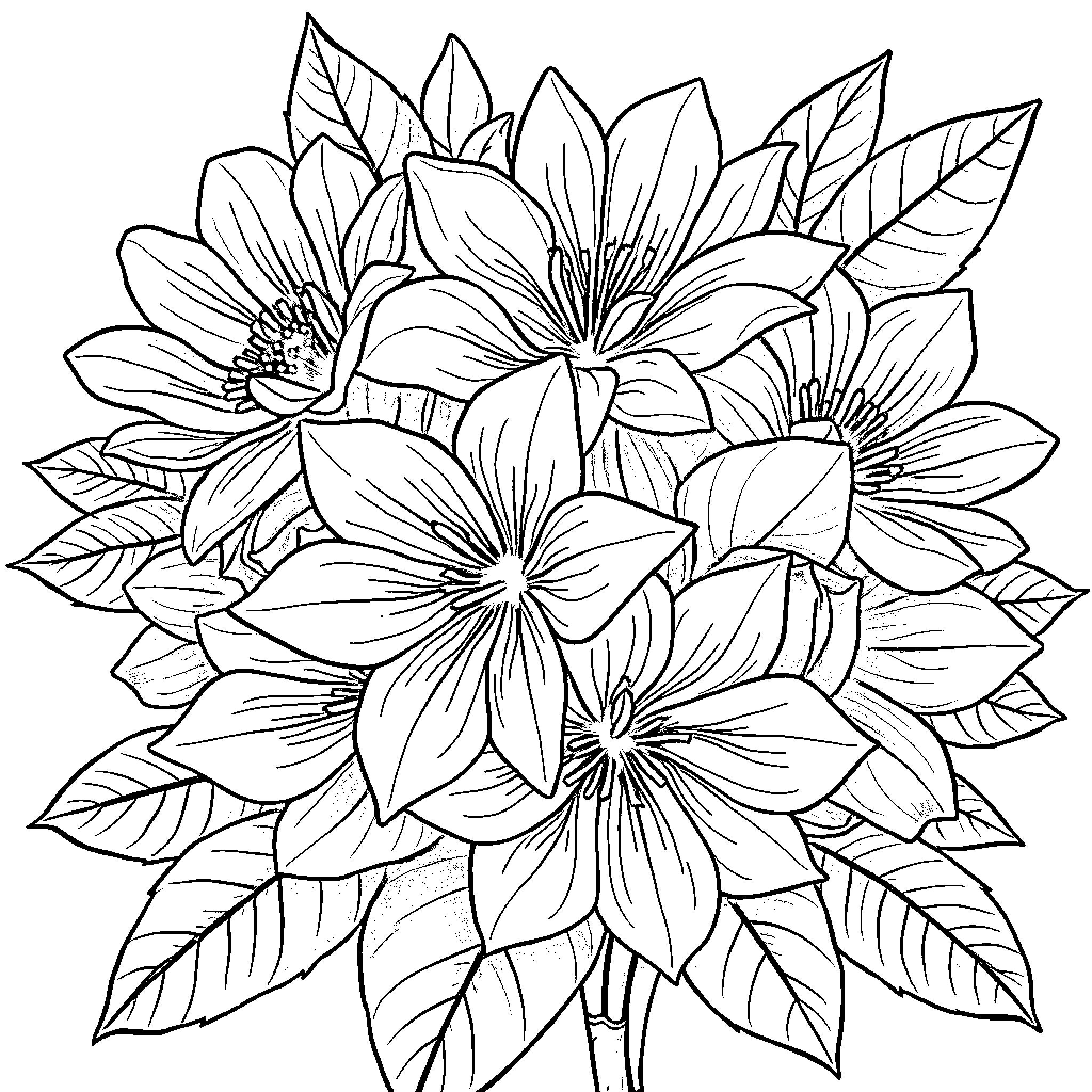 Flower bouquet with detailed petals and foliage Coloring Page (free black-and-white line drawing printable PDF for all, from beginners to advanced learners, including children, teens, adults, and seniors)