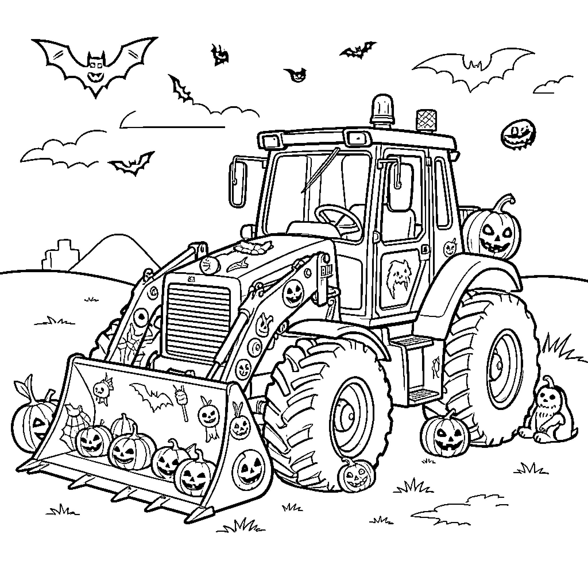 Case IH tractor surrounded by Halloween decorations and bats Coloring Page (free black-and-white line drawing printable PDF for all, from beginners to advanced learners, including children, teens, adults, and seniors)