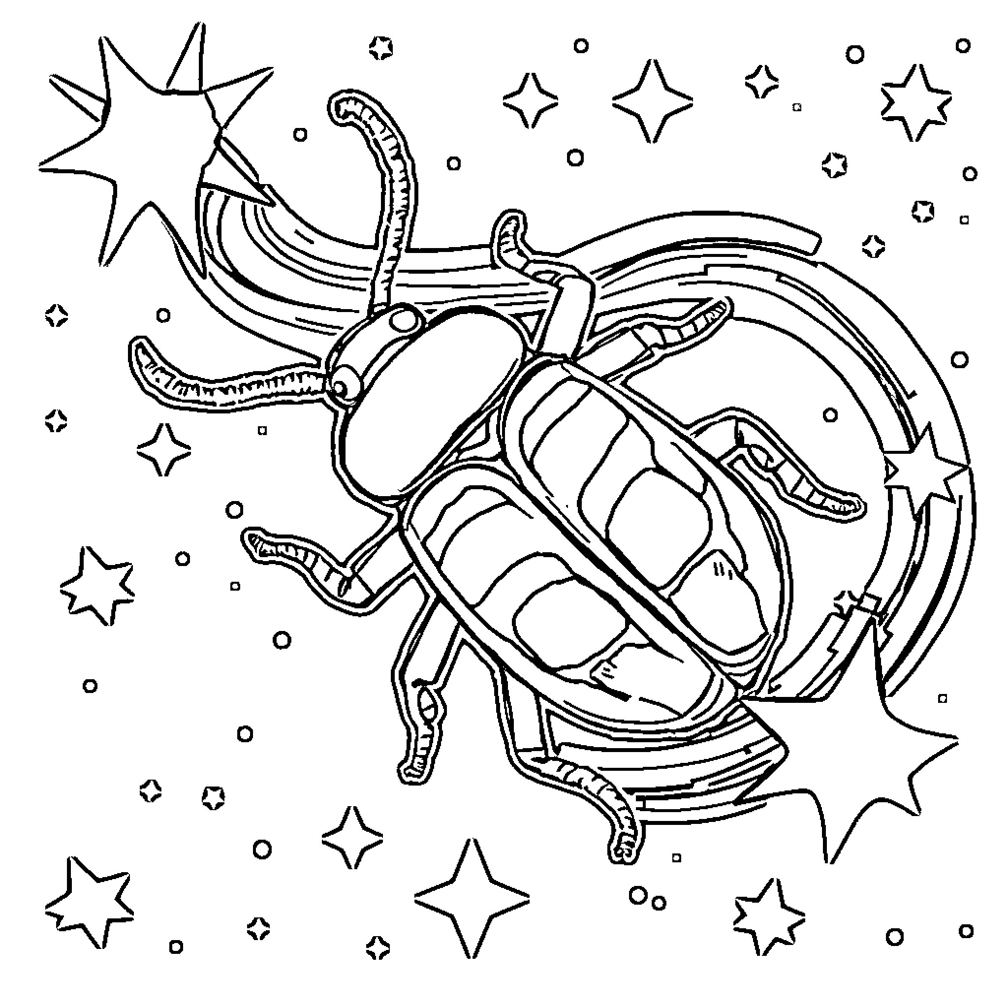 Beetle soaring through the starry night Coloring Page (free black-and-white line drawing printable PDF for all, from beginners to advanced learners, including children, teens, adults, and seniors)