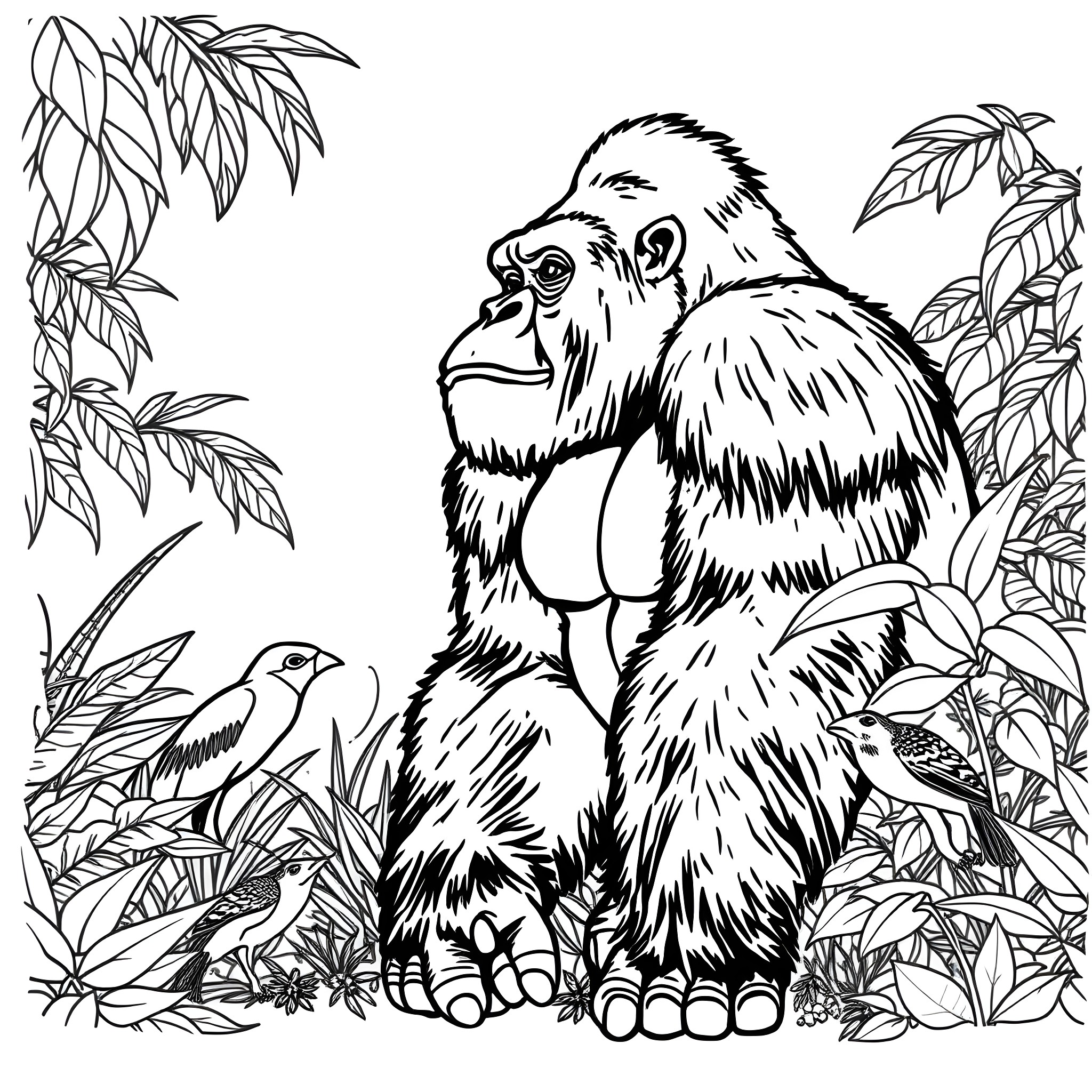 Gorilla exploring lush jungle habitat Coloring Page (free black-and-white line drawing printable PDF for all, from beginners to advanced learners, including children, teens, adults, and seniors)