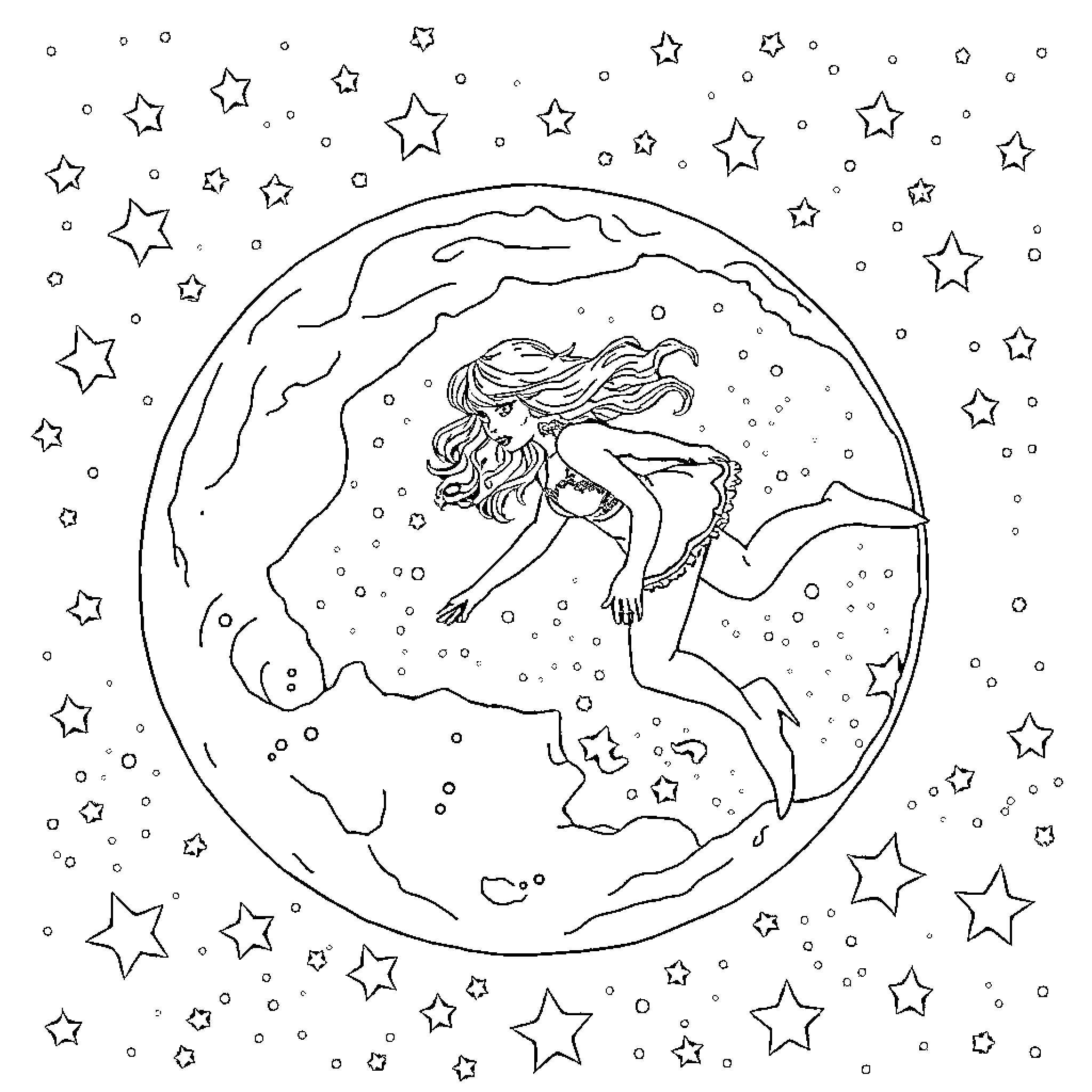Taylor Swift dances among the stars in the night sky Coloring Page (free black-and-white line drawing printable PDF for all, from beginners to advanced learners, including children, teens, adults, and seniors)