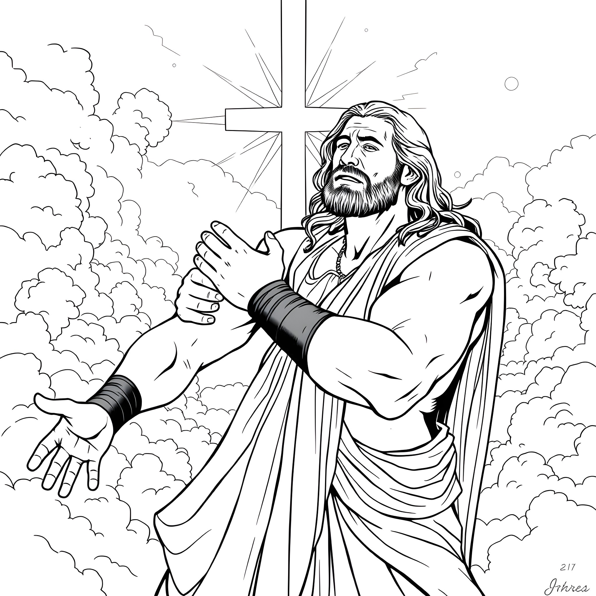 John Cena standing proudly in front of a cross with clouds in the background Coloring Page (free black-and-white line drawing printable PDF for all, from beginners to advanced learners, including children, teens, adults, and seniors)