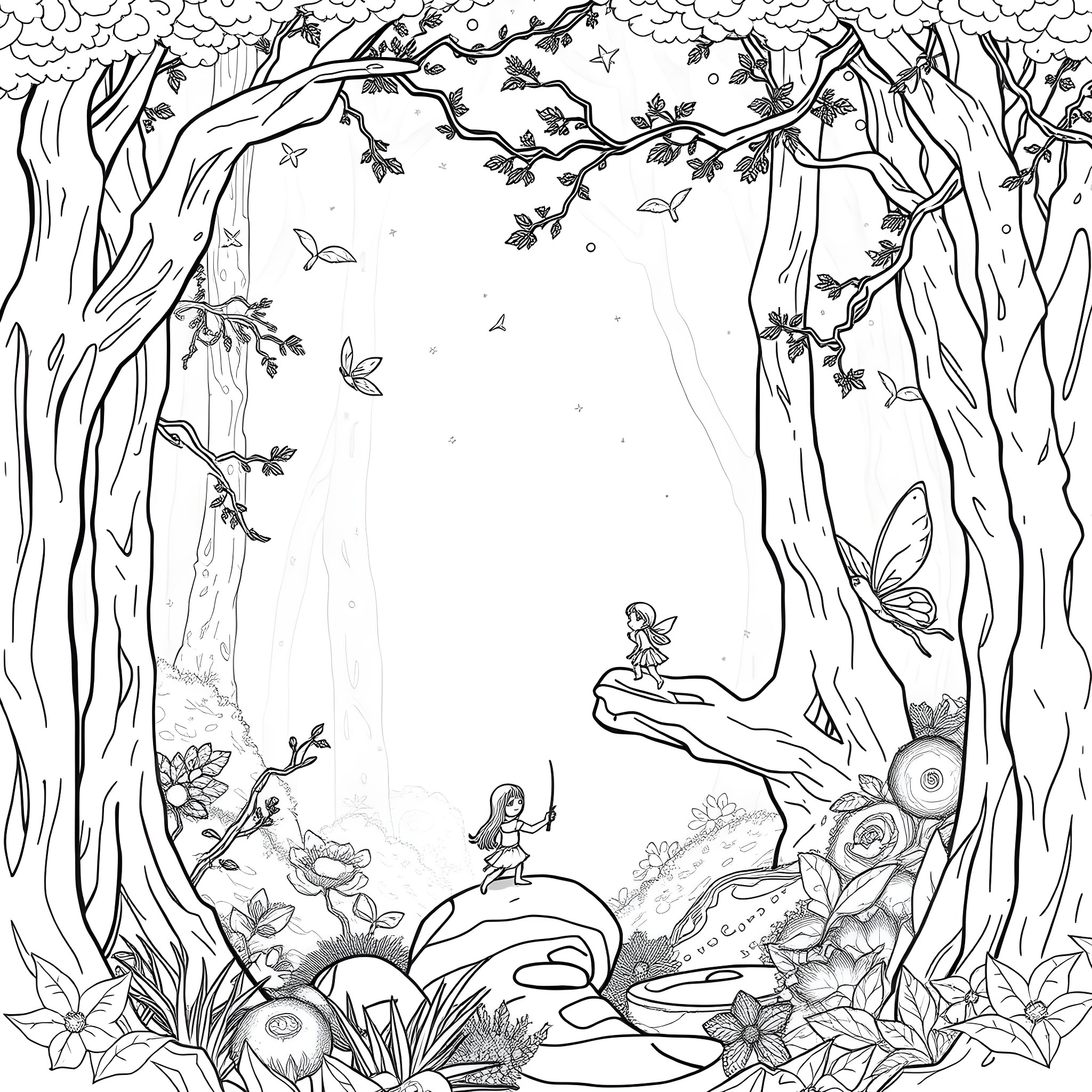 Fairy Creatures in a Magical Forest Coloring Page (free black-and-white line drawing printable PDF for all, from beginners to advanced learners, including children, teens, adults, and seniors)