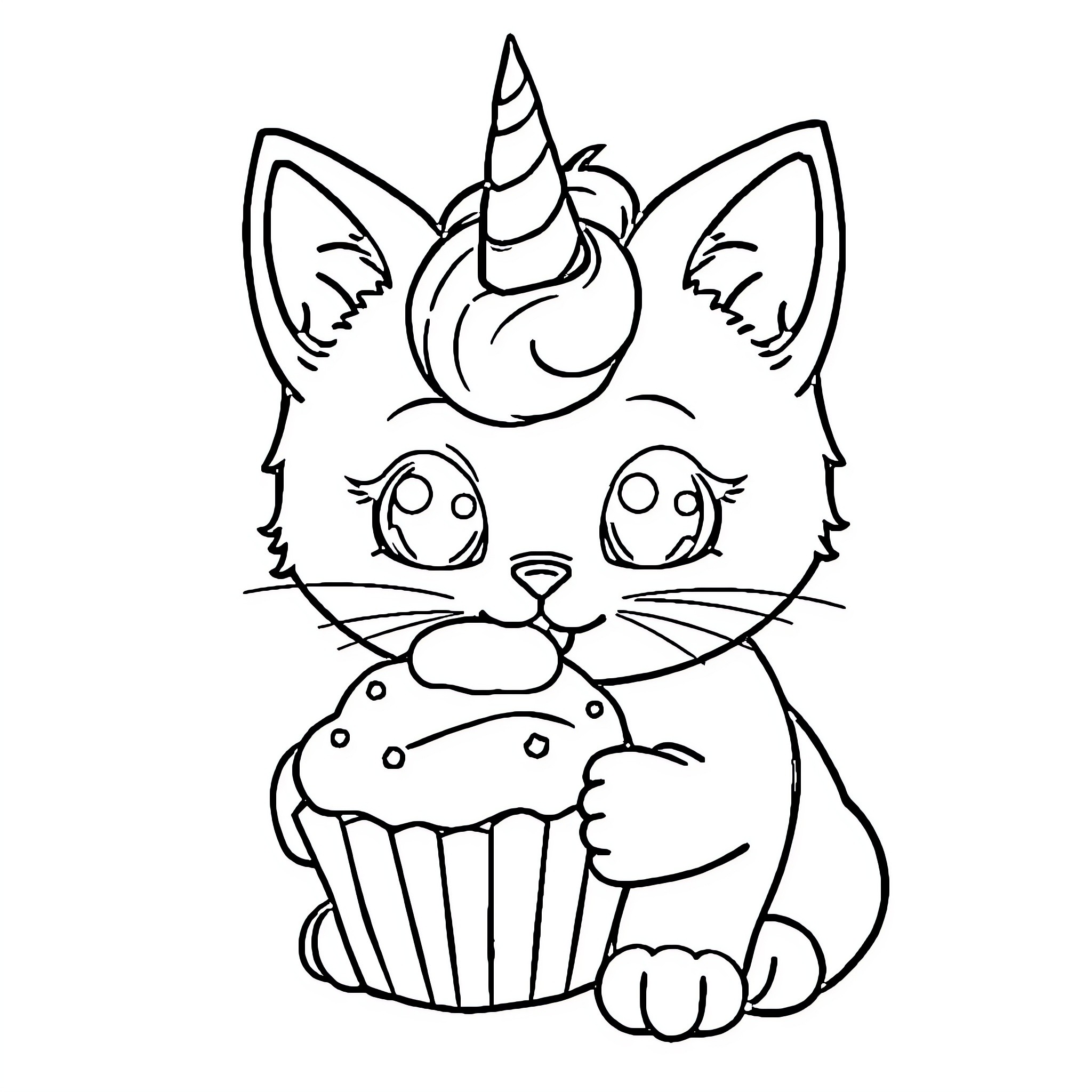 Unikitty holding a cupcake happily Coloring Page (free black-and-white line drawing printable PDF for all, from beginners to advanced learners, including children, teens, adults, and seniors)