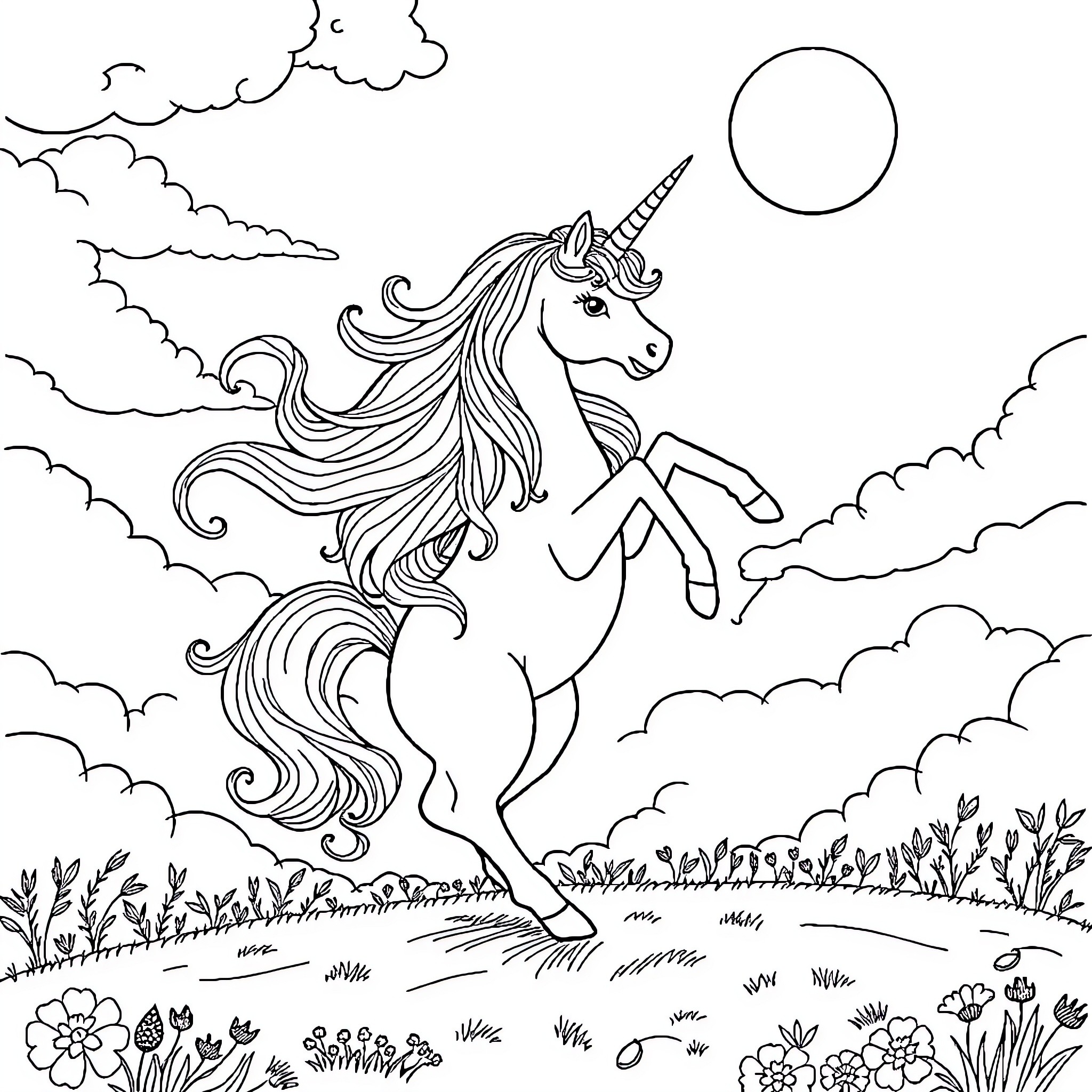 Licorne galloping through a magical landscape Coloring Page (free black-and-white line drawing printable PDF for all, from beginners to advanced learners, including children, teens, adults, and seniors)