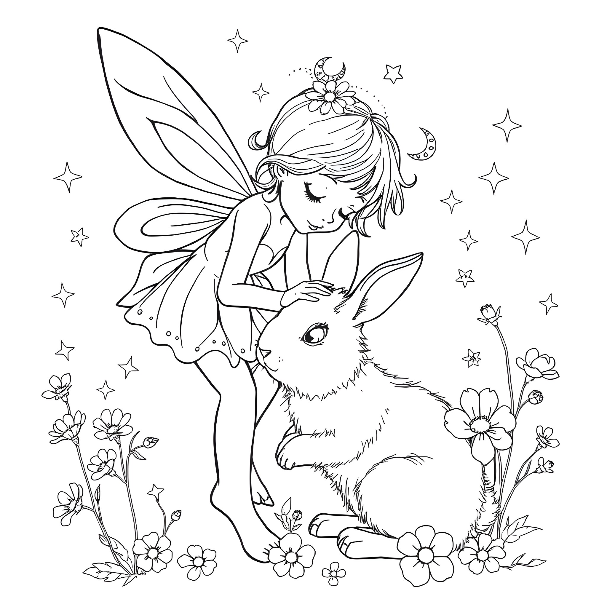 Fairy girl playing with a cute rabbit Coloring Page (free black-and-white line drawing printable PDF for all, from beginners to advanced learners, including children, teens, adults, and seniors)