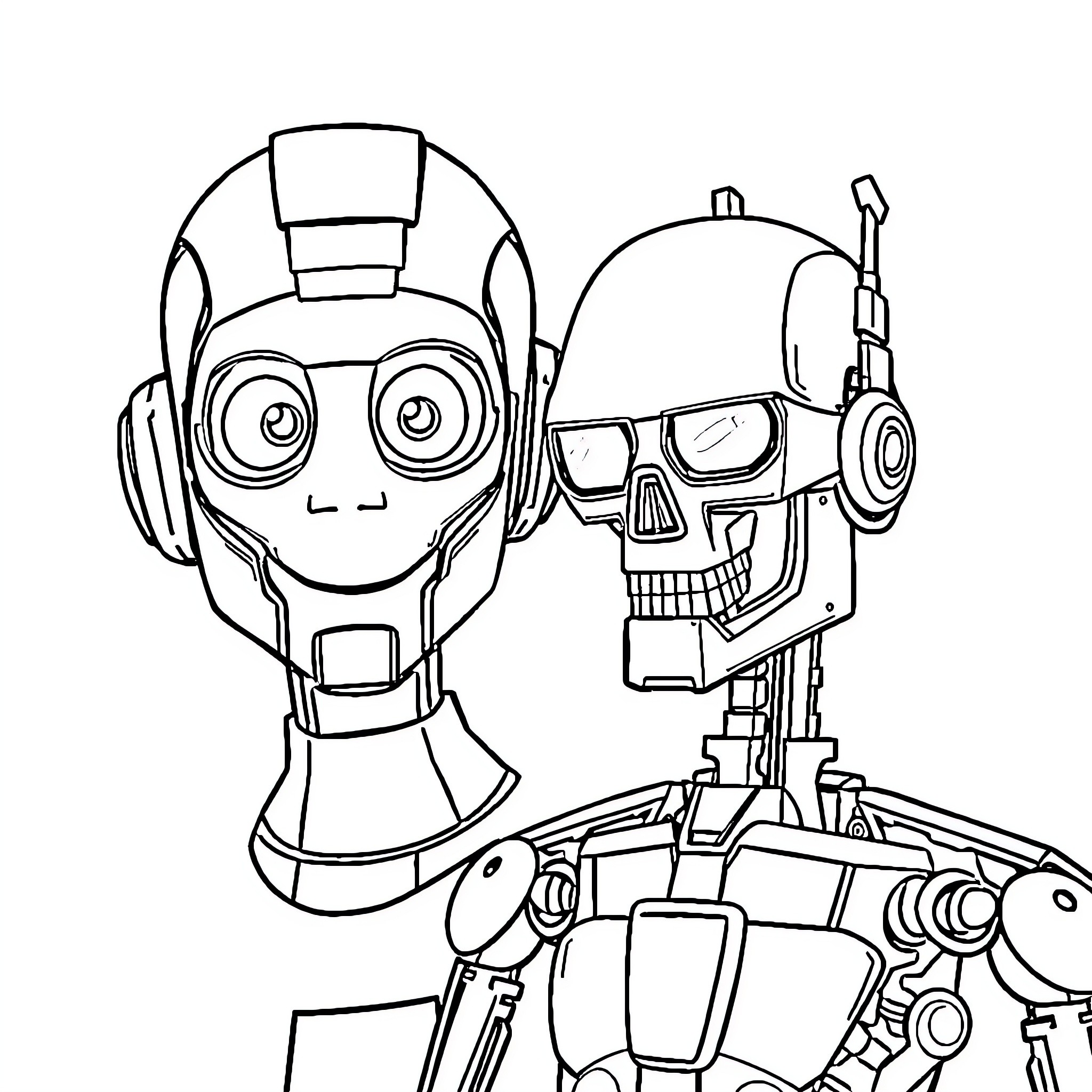 Robot duo showing different expressions Coloring Page (free black-and-white line drawing printable PDF for all, from beginners to advanced learners, including children, teens, adults, and seniors)