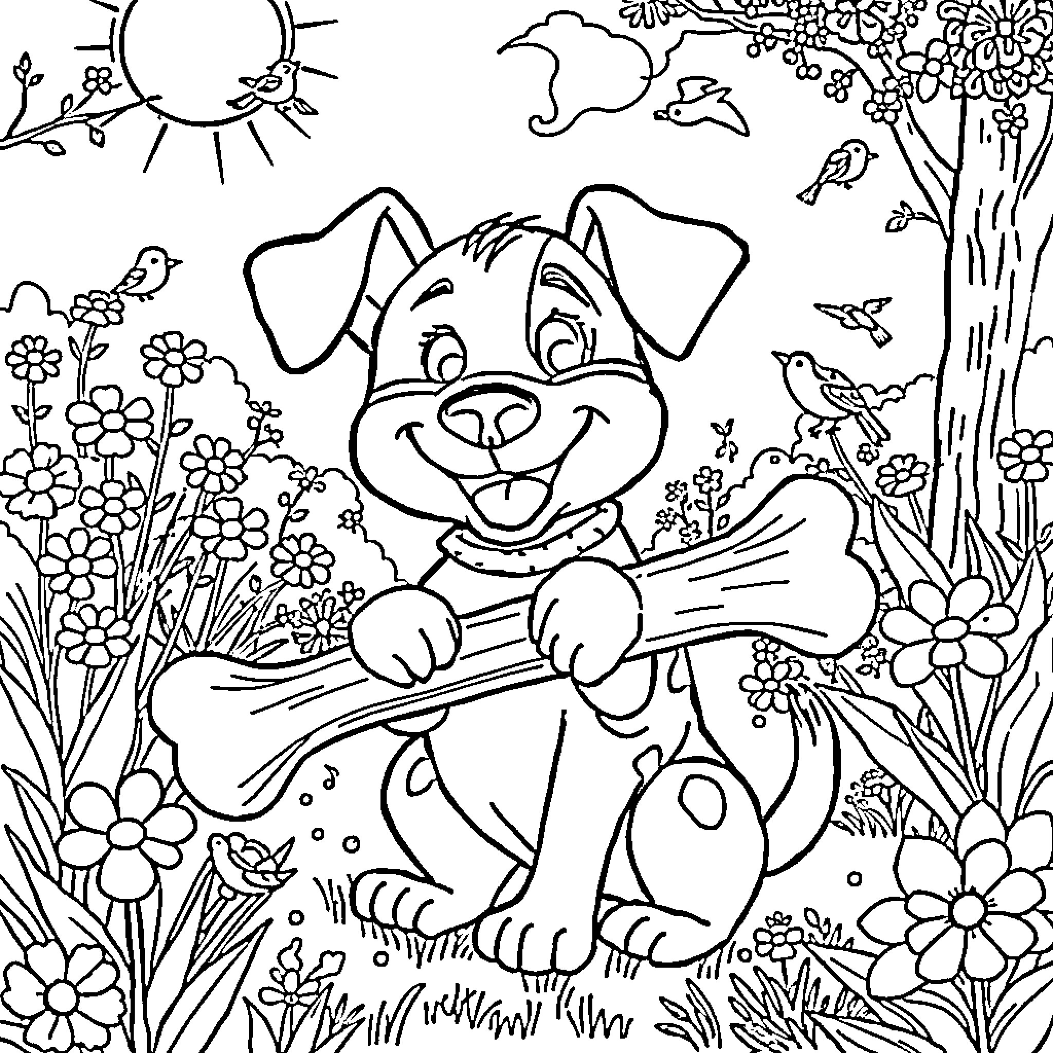 Dog Playing with Butterflies in a Flowery Meadow Coloring Page (free black-and-white line drawing printable PDF for all, from beginners to advanced learners, including children, teens, adults, and seniors)