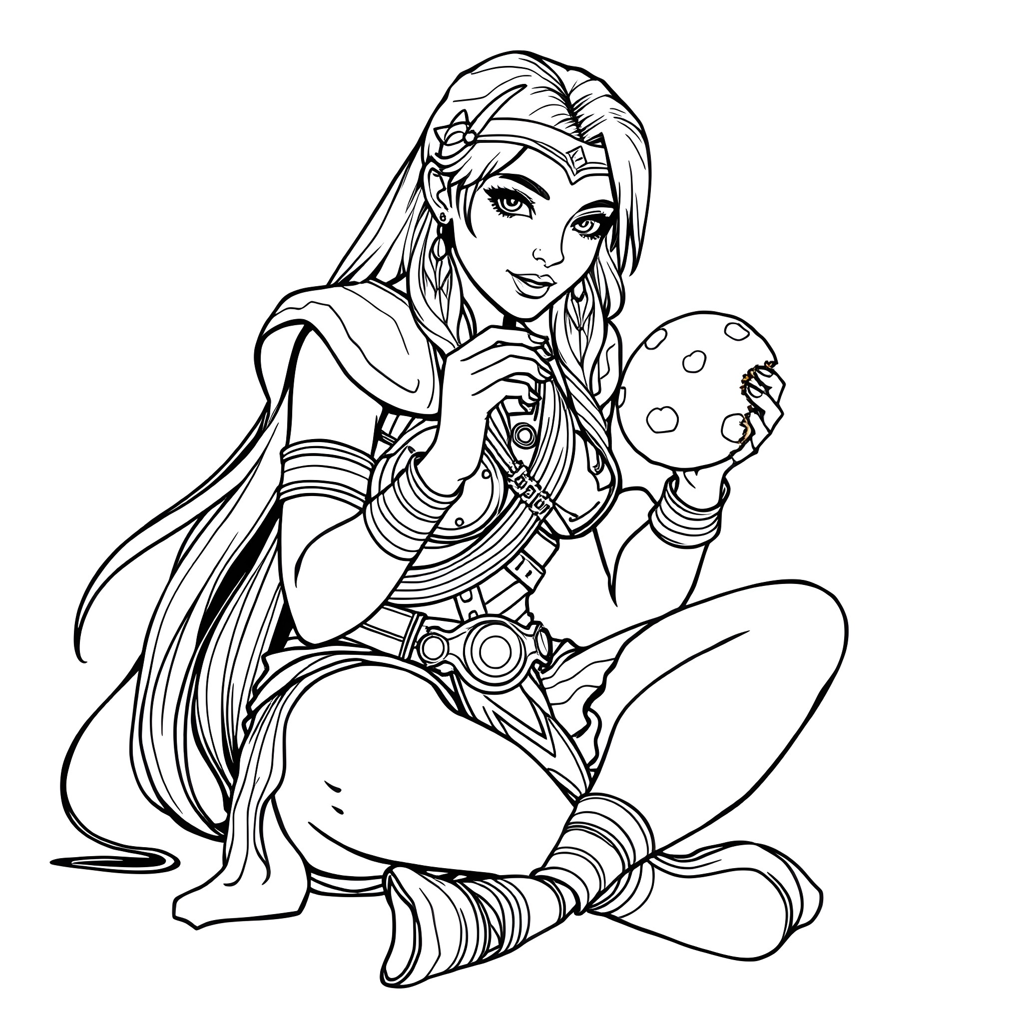 Xena exploring a magical sphere Coloring Page (free black-and-white line drawing printable PDF for all, from beginners to advanced learners, including children, teens, adults, and seniors)