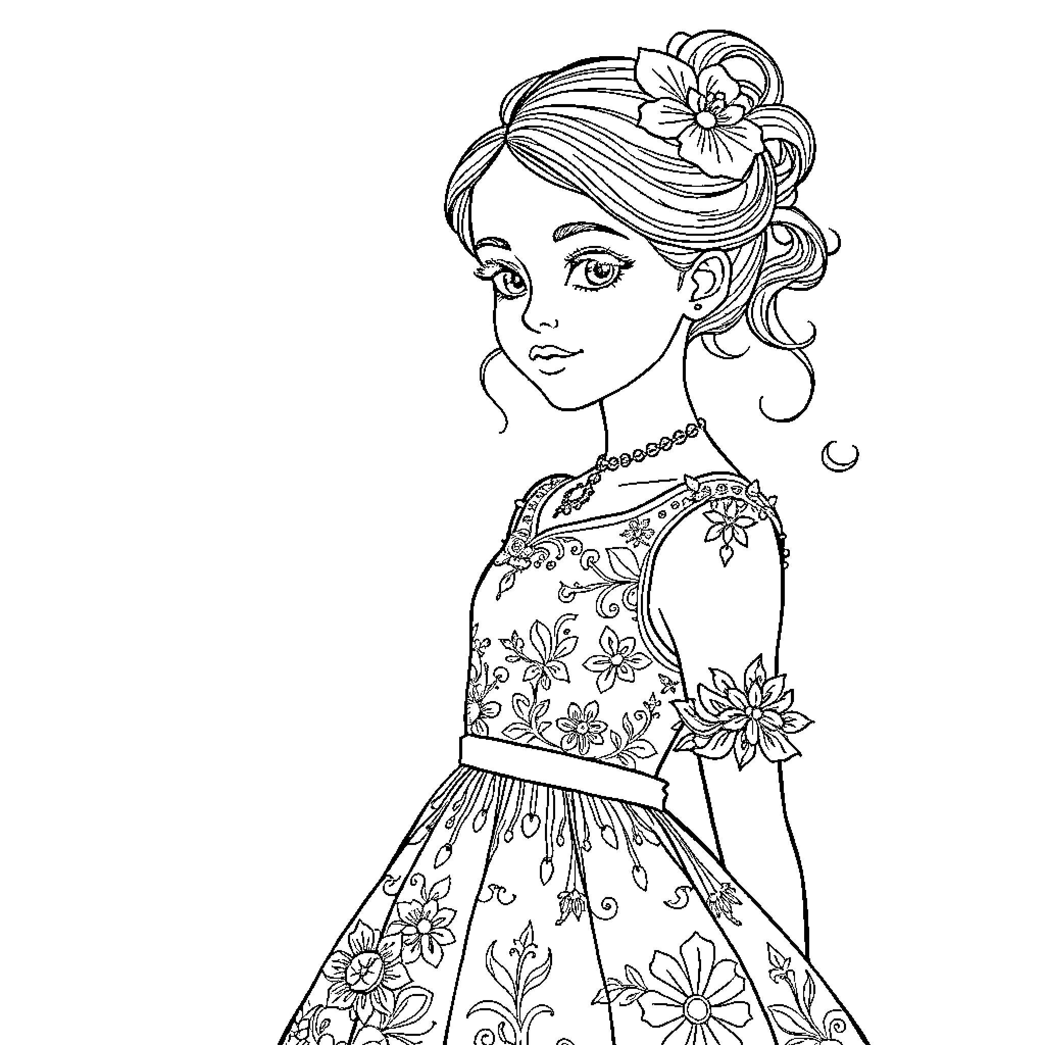 Girl in Floral Dress with Flower Ornament Coloring Page (free black-and-white line drawing printable PDF for all, from beginners to advanced learners, including children, teens, adults, and seniors)