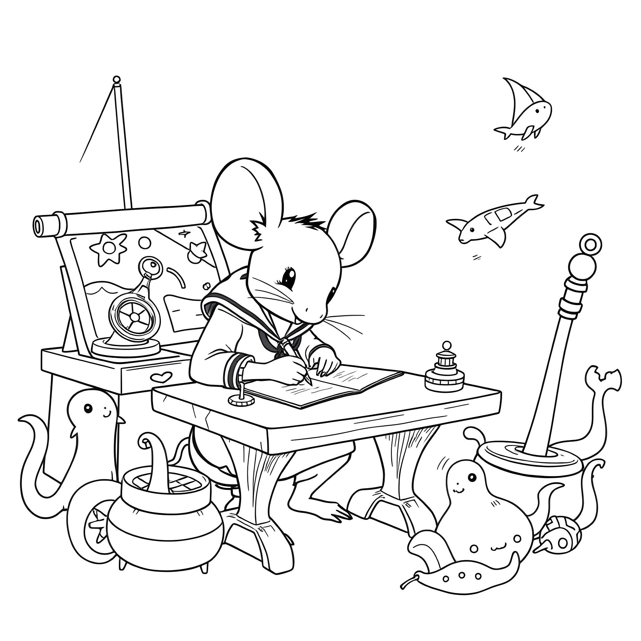 Mouse drawing and sketching in a whimsical workspace Coloring Page (free black-and-white line drawing printable PDF for all, from beginners to advanced learners, including children, teens, adults, and seniors)