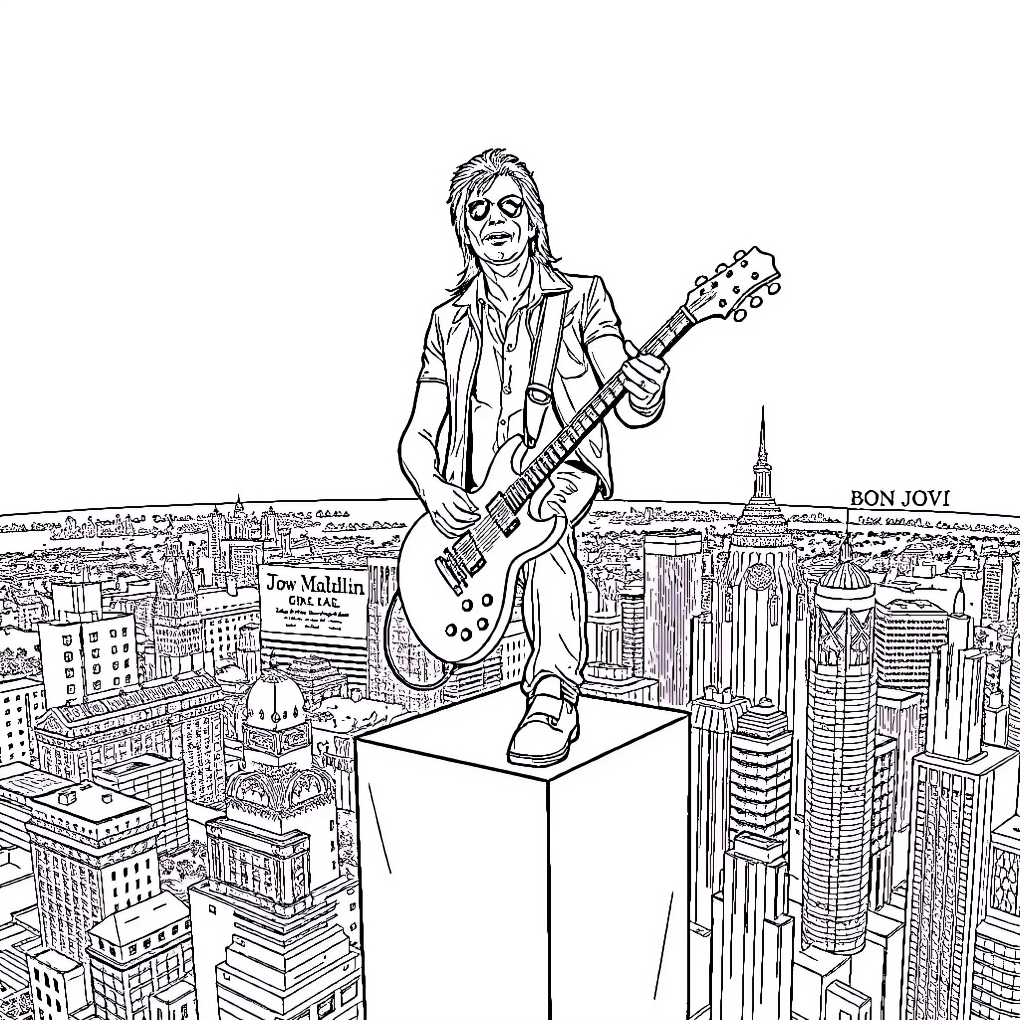 Bon Jovi Performing on City Skyline Coloring Page (free black-and-white line drawing printable PDF for all, from beginners to advanced learners, including children, teens, adults, and seniors)