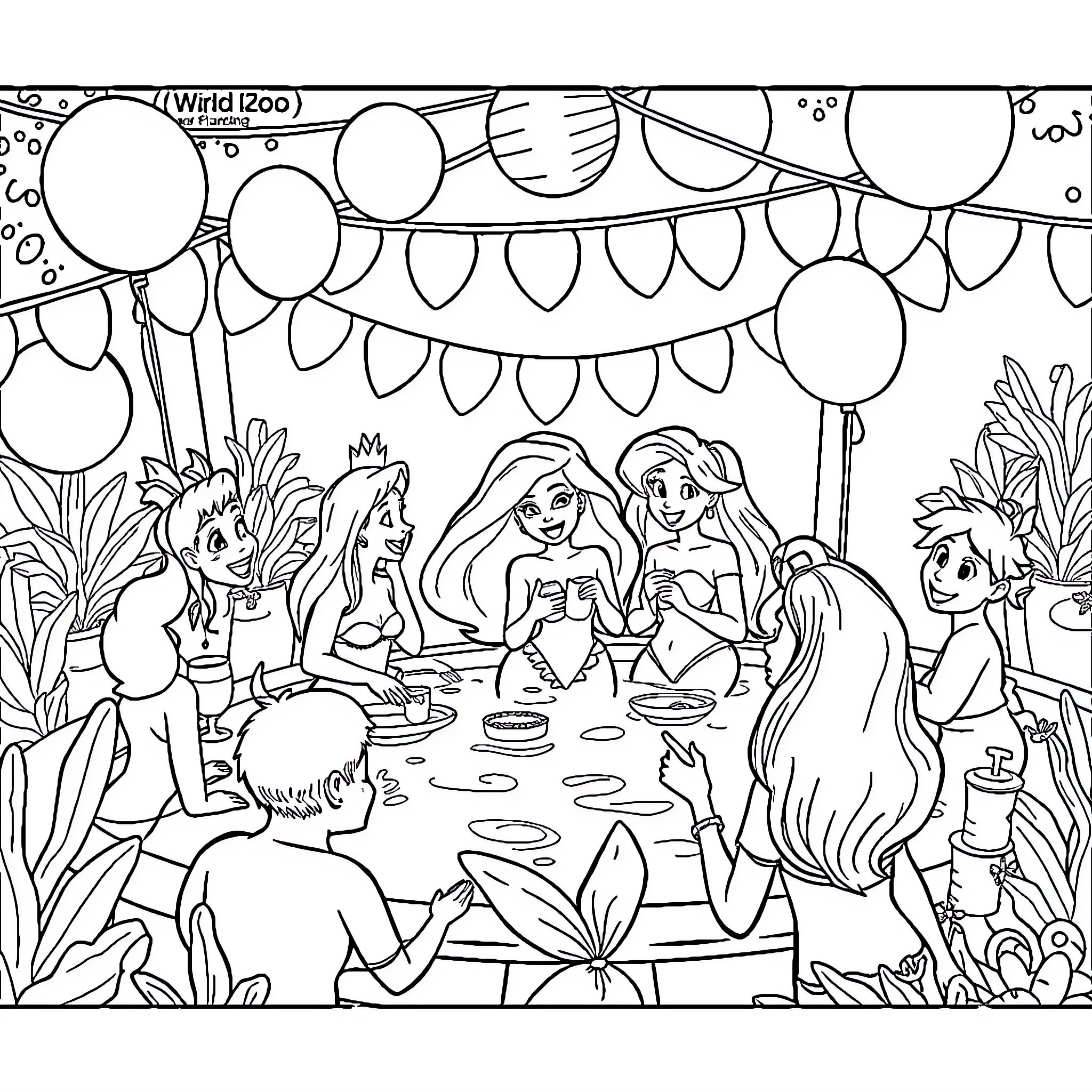 Ariel's Festive Gathering with Friends Coloring Page (free black-and-white line drawing printable PDF for all, from beginners to advanced learners, including children, teens, adults, and seniors)