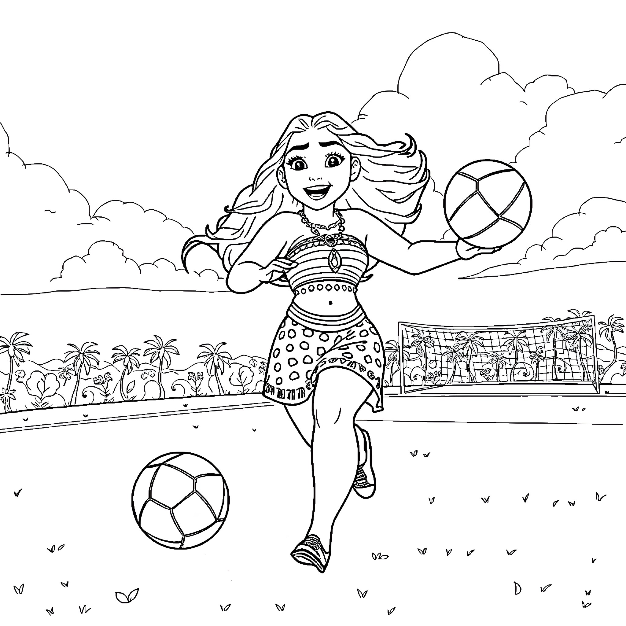 Moana playing with soccer balls in a tropical setting Coloring Page (free black-and-white line drawing printable PDF for all, from beginners to advanced learners, including children, teens, adults, and seniors)