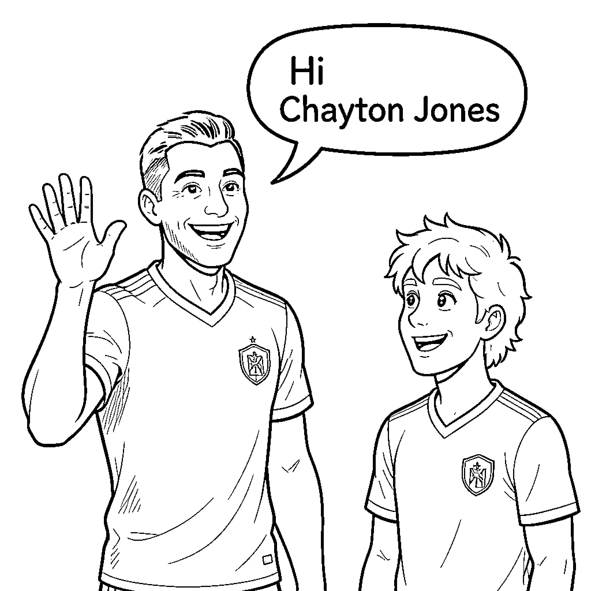 Haaland waving and smiling at a young boy Coloring Page (free black-and-white line drawing printable PDF for all, from beginners to advanced learners, including children, teens, adults, and seniors)