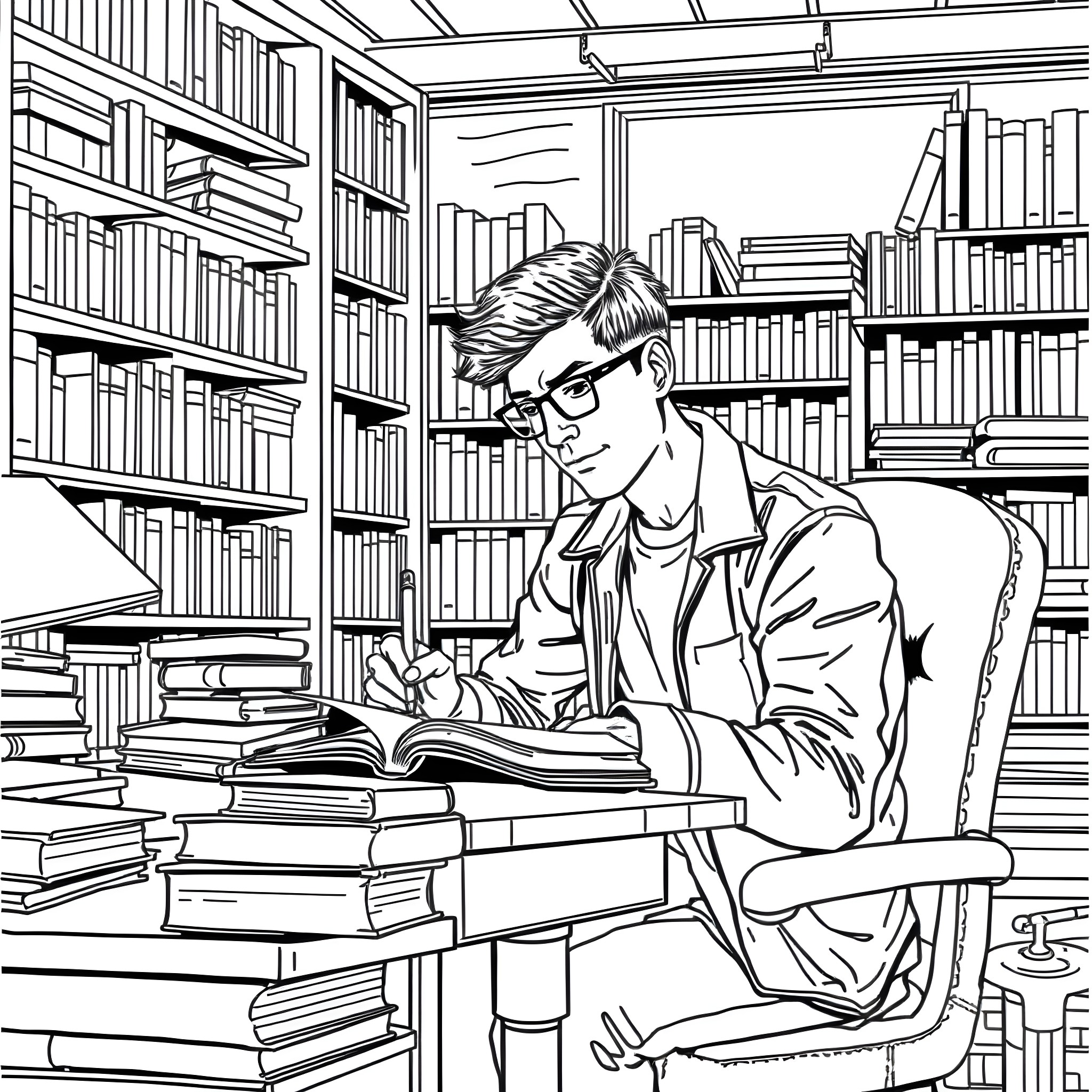 Guy studying diligently in a library Coloring Page (free black-and-white line drawing printable PDF for all, from beginners to advanced learners, including children, teens, adults, and seniors)