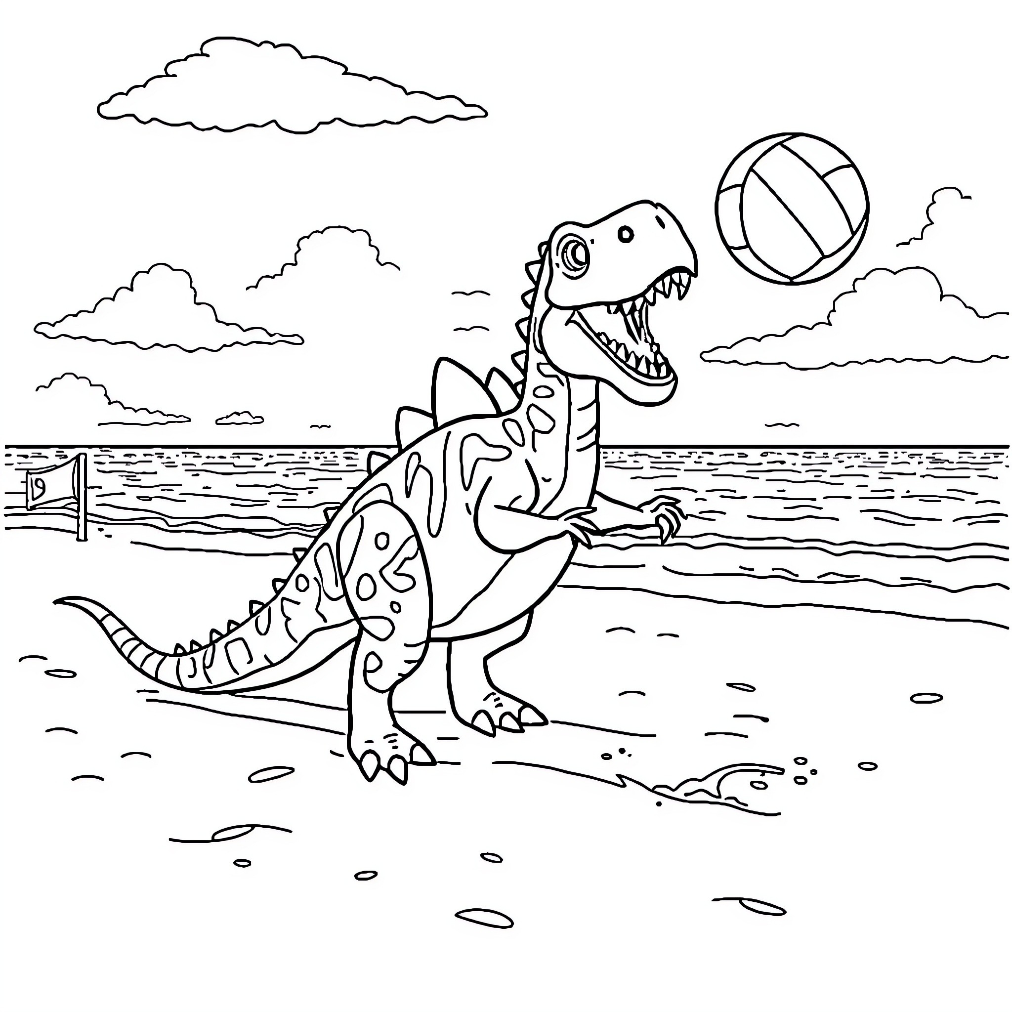 Dinosaur playing with ball on beach Coloring Page (free black-and-white line drawing printable PDF for all, from beginners to advanced learners, including children, teens, adults, and seniors)