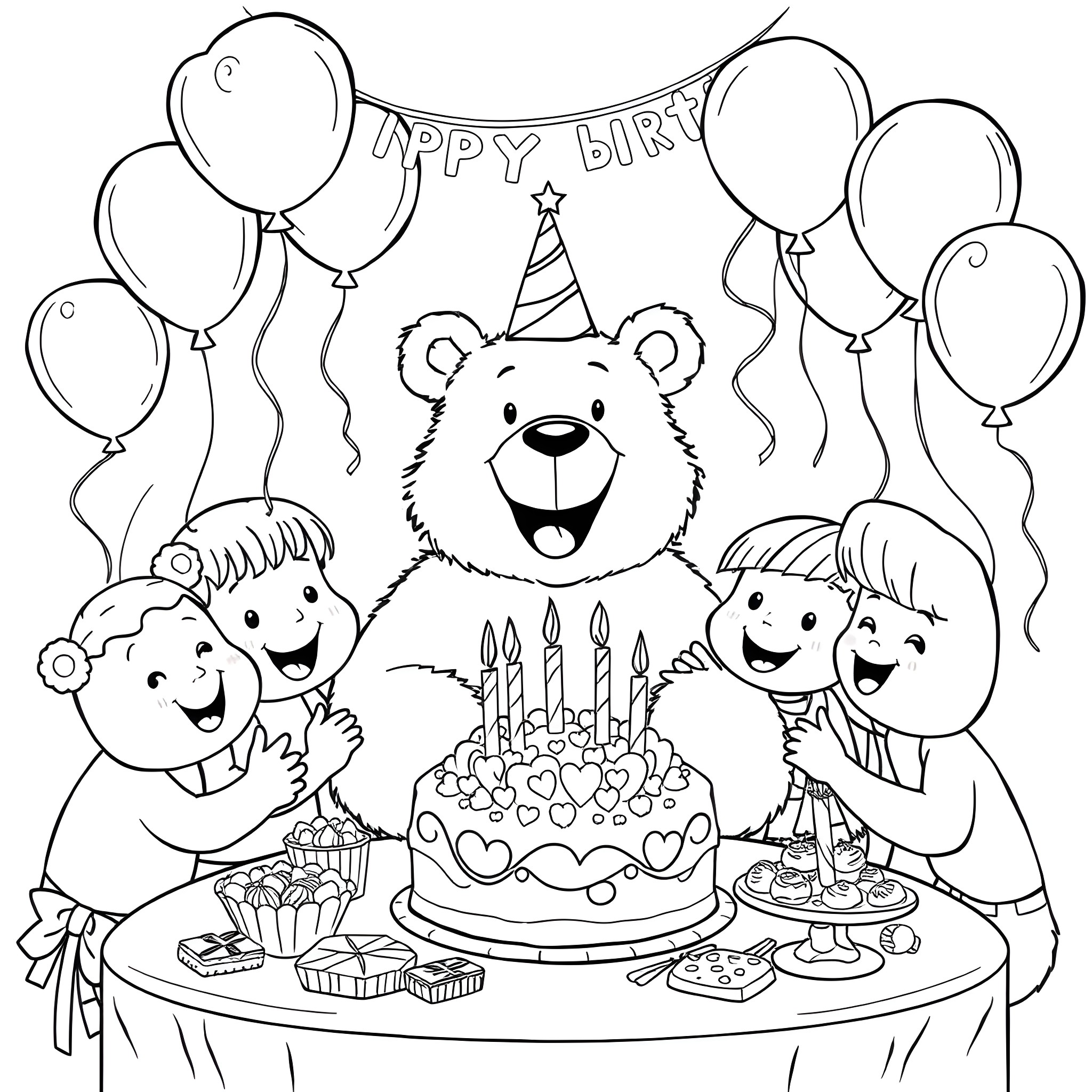 Bear celebrating birthday party with children Coloring Page (free black-and-white line drawing printable PDF for all, from beginners to advanced learners, including children, teens, adults, and seniors)