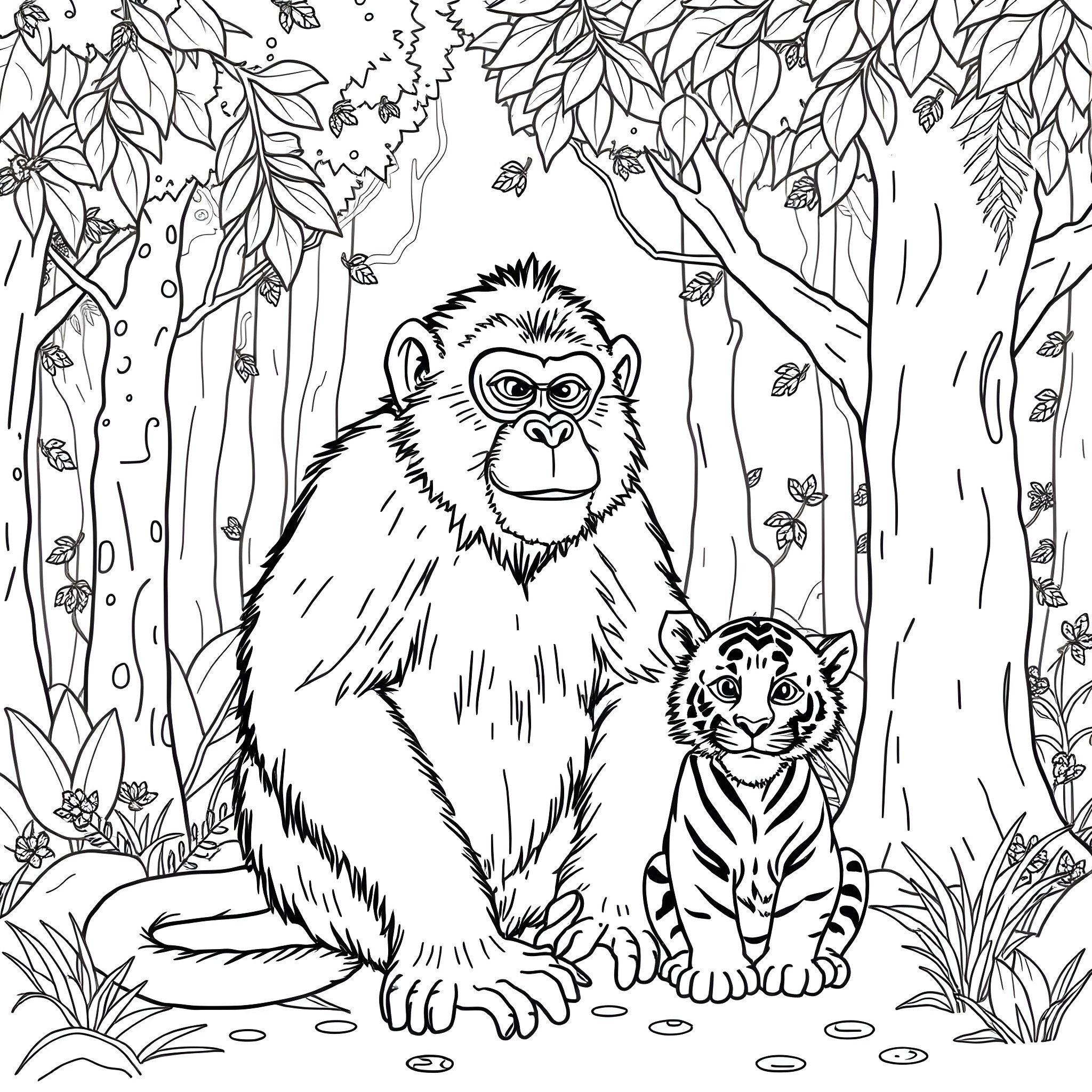 Monkey and Tiger in the Lush Forest Coloring Page (free black-and-white line drawing printable PDF for all, from beginners to advanced learners, including children, teens, adults, and seniors)