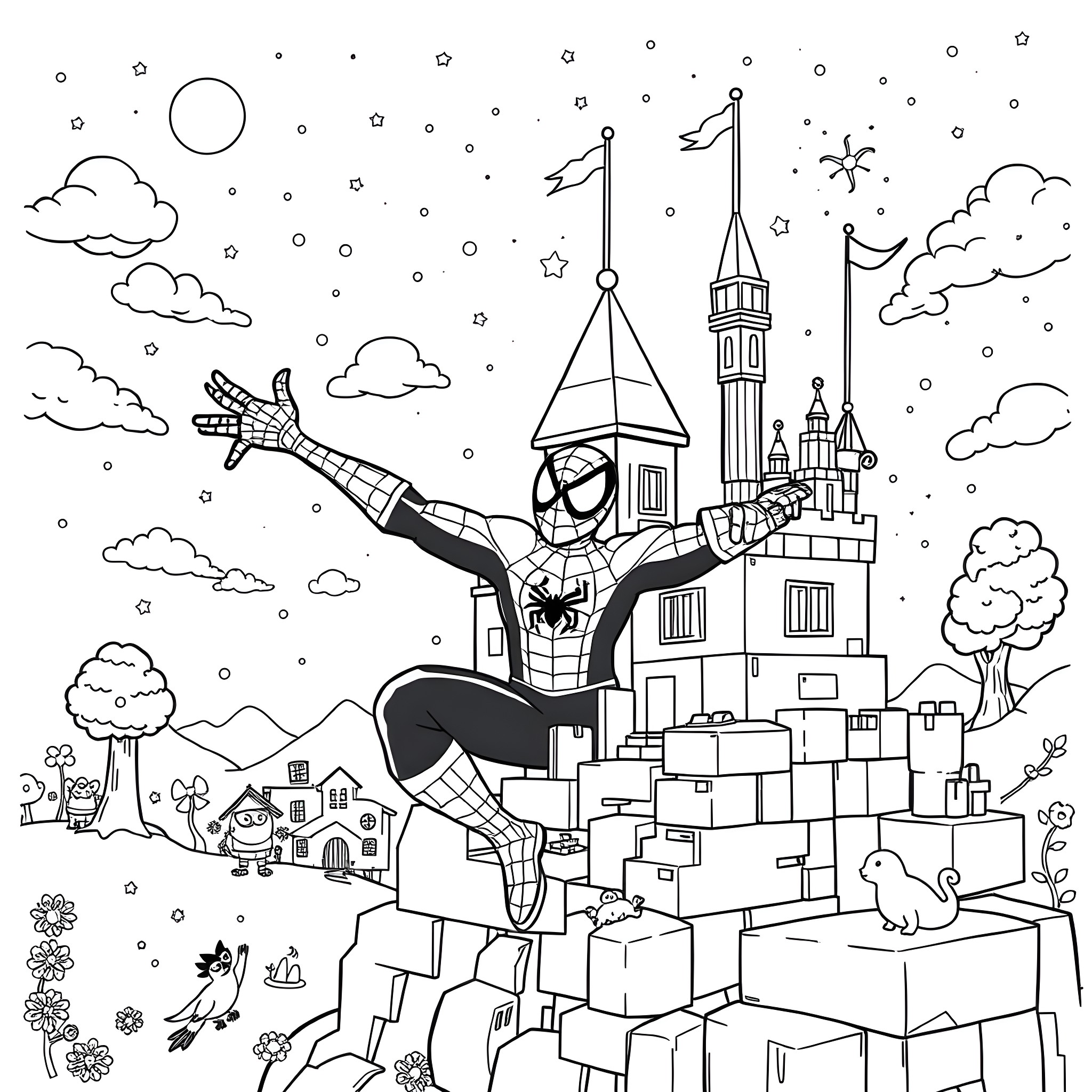 Spider-Man swinging through the city on a snowy night Coloring Page (free black-and-white line drawing printable PDF for all, from beginners to advanced learners, including children, teens, adults, and seniors)