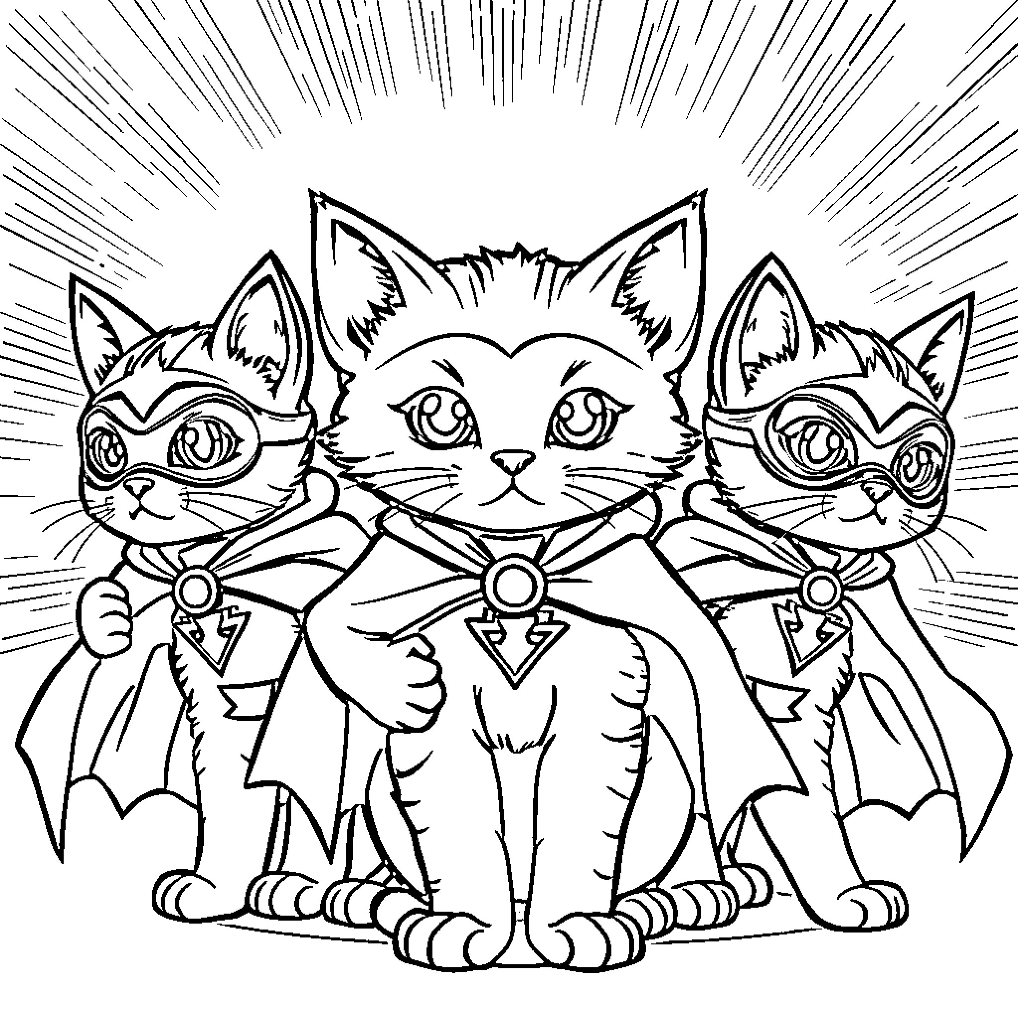 Kitty Superheroes Pose Together Coloring Page (free black-and-white line drawing printable PDF for all, from beginners to advanced learners, including children, teens, adults, and seniors)
