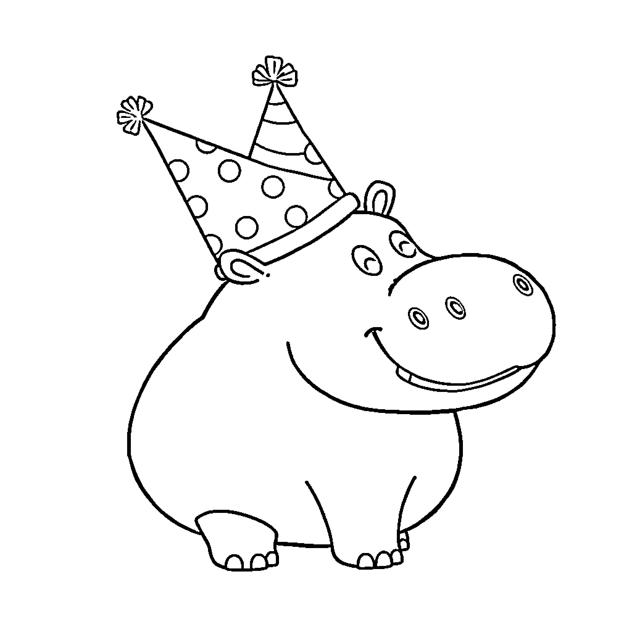 Hippo celebrating with festive hat Coloring Page (free black-and-white line drawing printable PDF for all, from beginners to advanced learners, including children, teens, adults, and seniors)