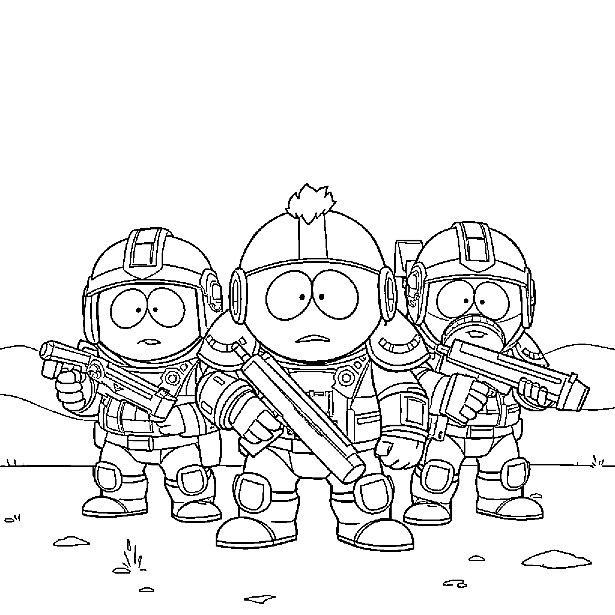 South Park characters as military soldiers Coloring Page (free black-and-white line drawing printable PDF for all, from beginners to advanced learners, including children, teens, adults, and seniors)