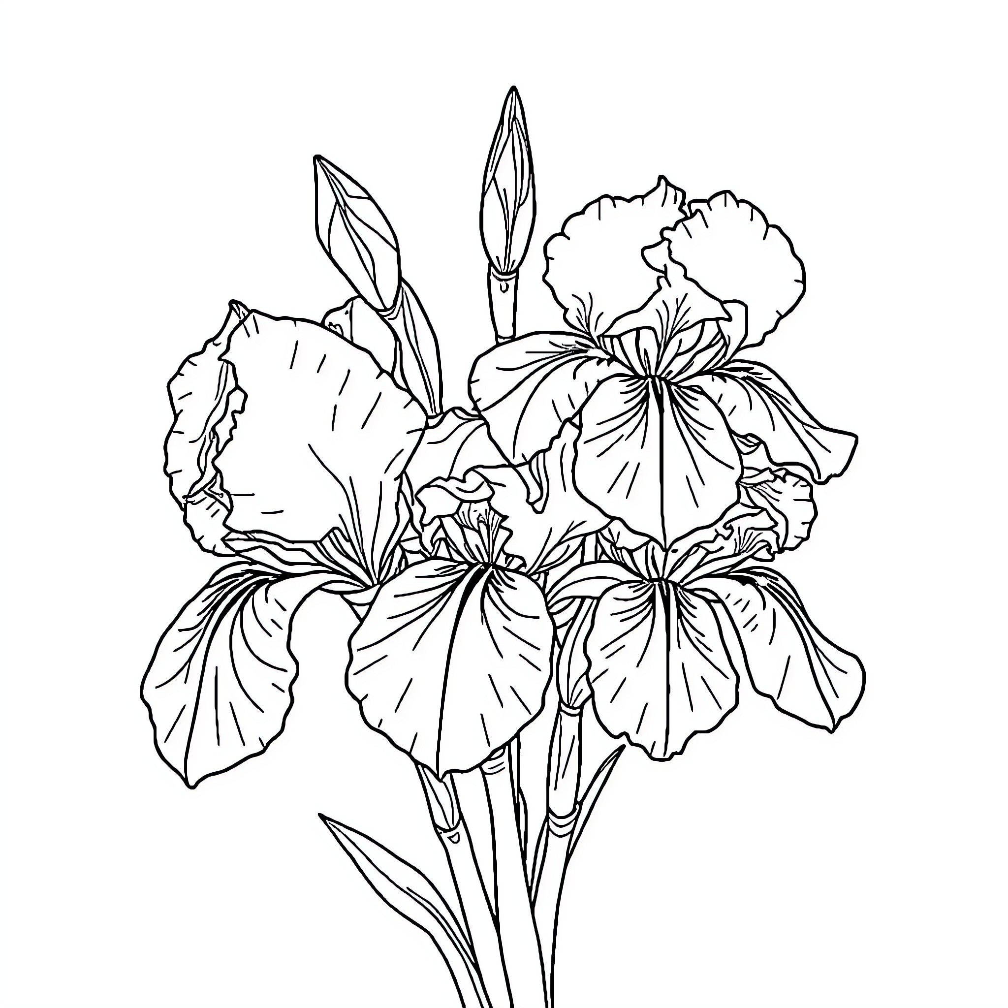 Iris Blossoms in Elegant Arrangement Coloring Page (free black-and-white line drawing printable PDF for all, from beginners to advanced learners, including children, teens, adults, and seniors)