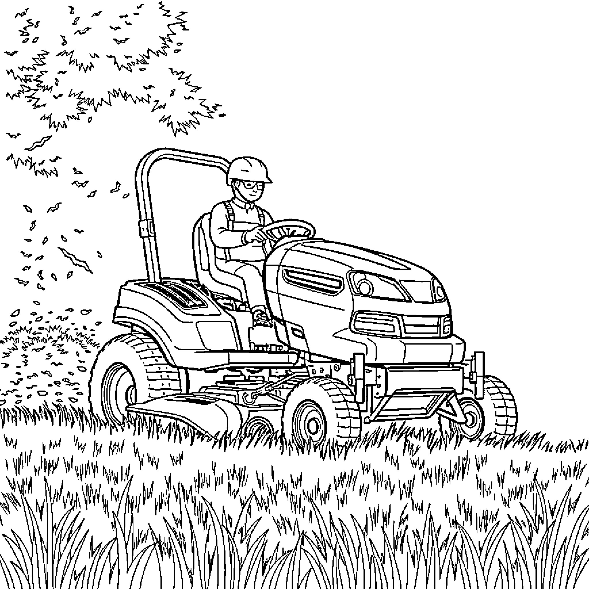 Lawnmower driven by person in field Coloring Page (free black-and-white line drawing printable PDF for all, from beginners to advanced learners, including children, teens, adults, and seniors)